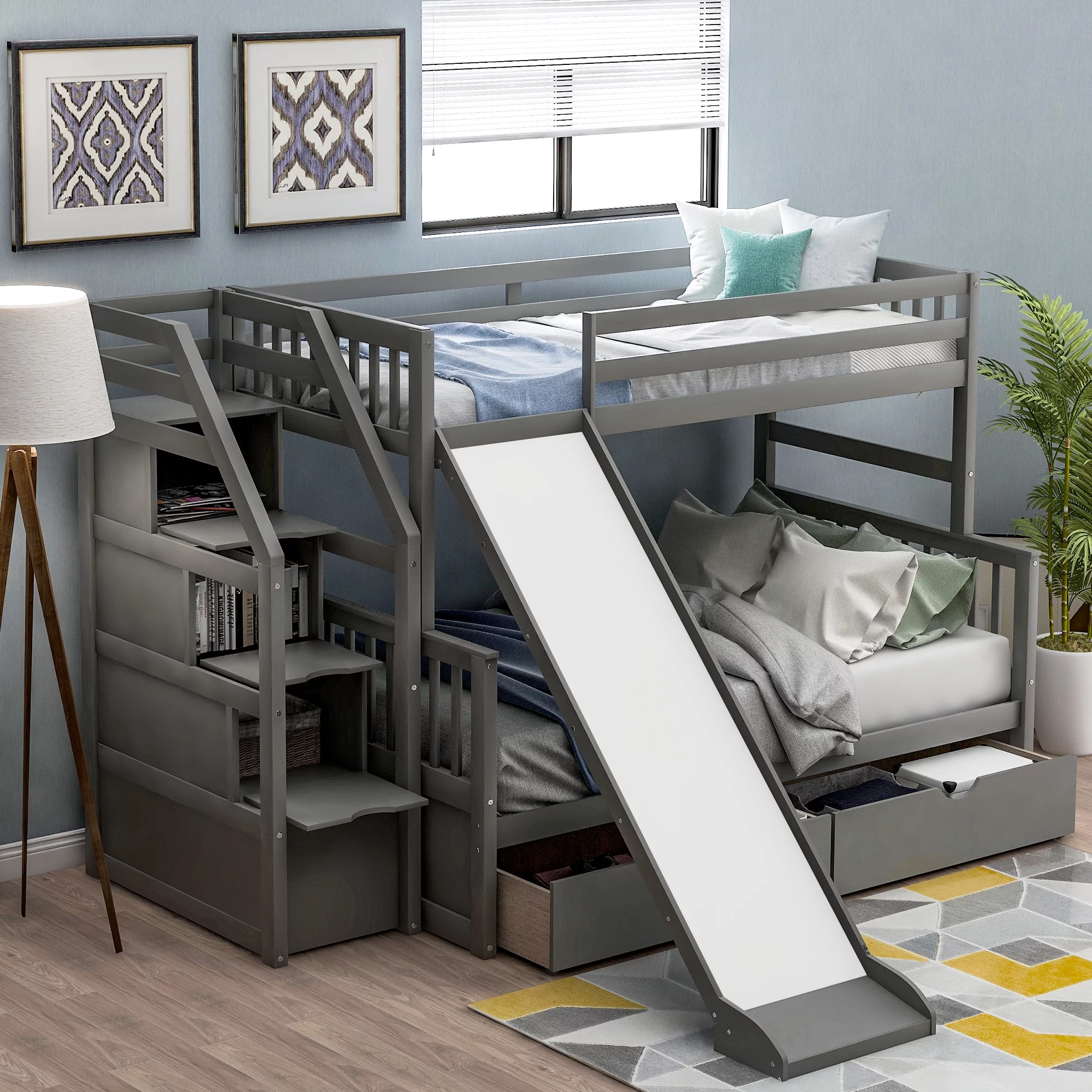 Euroco Wood Twin over Full Bunk Bed with 2 Drawers and Slide, Storage Staircase for Bedroom, Gray