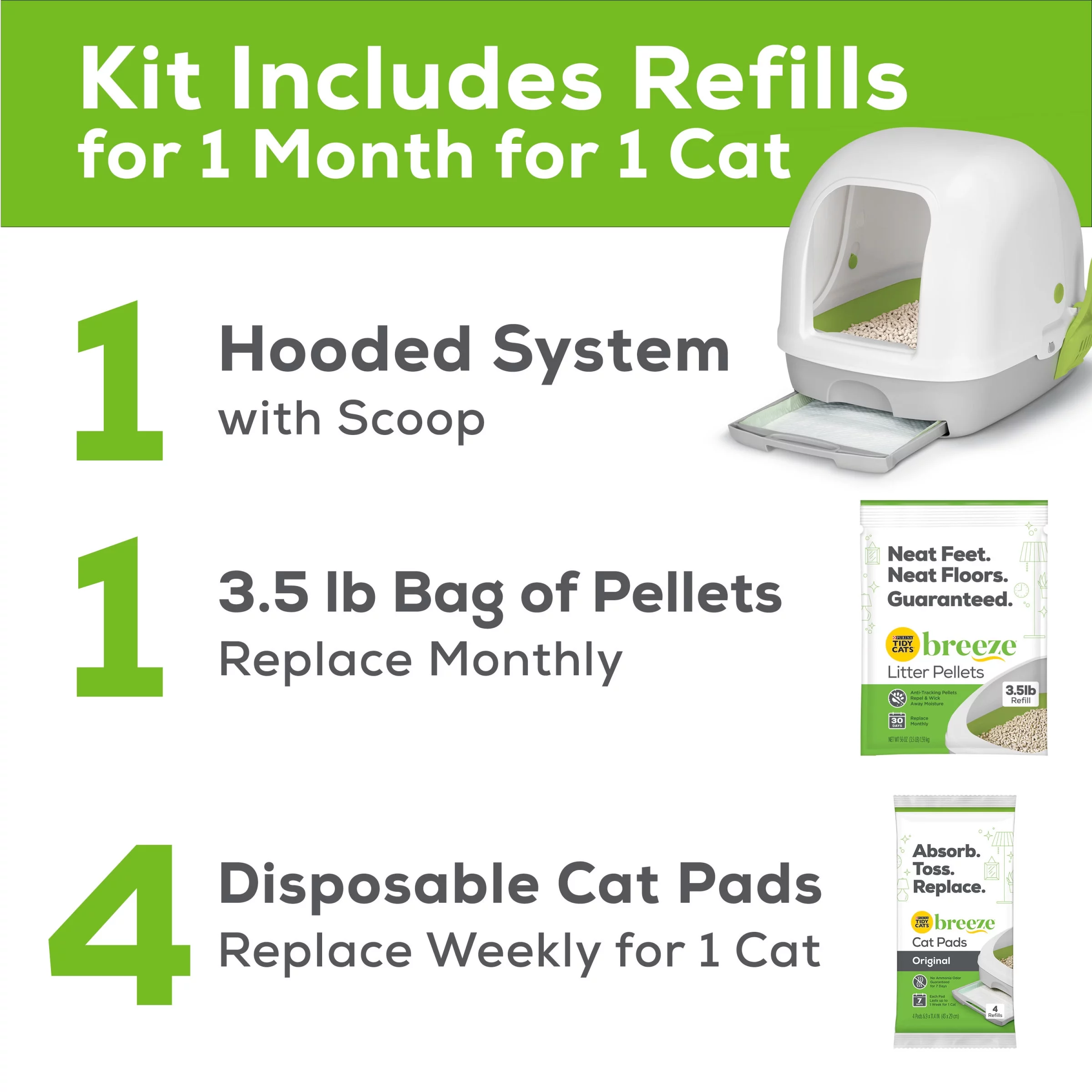 Purina Tidy Cats Hooded Litter Box System, Breeze Hooded System Starter Kit Litter Box, Litter Pellets & Pads