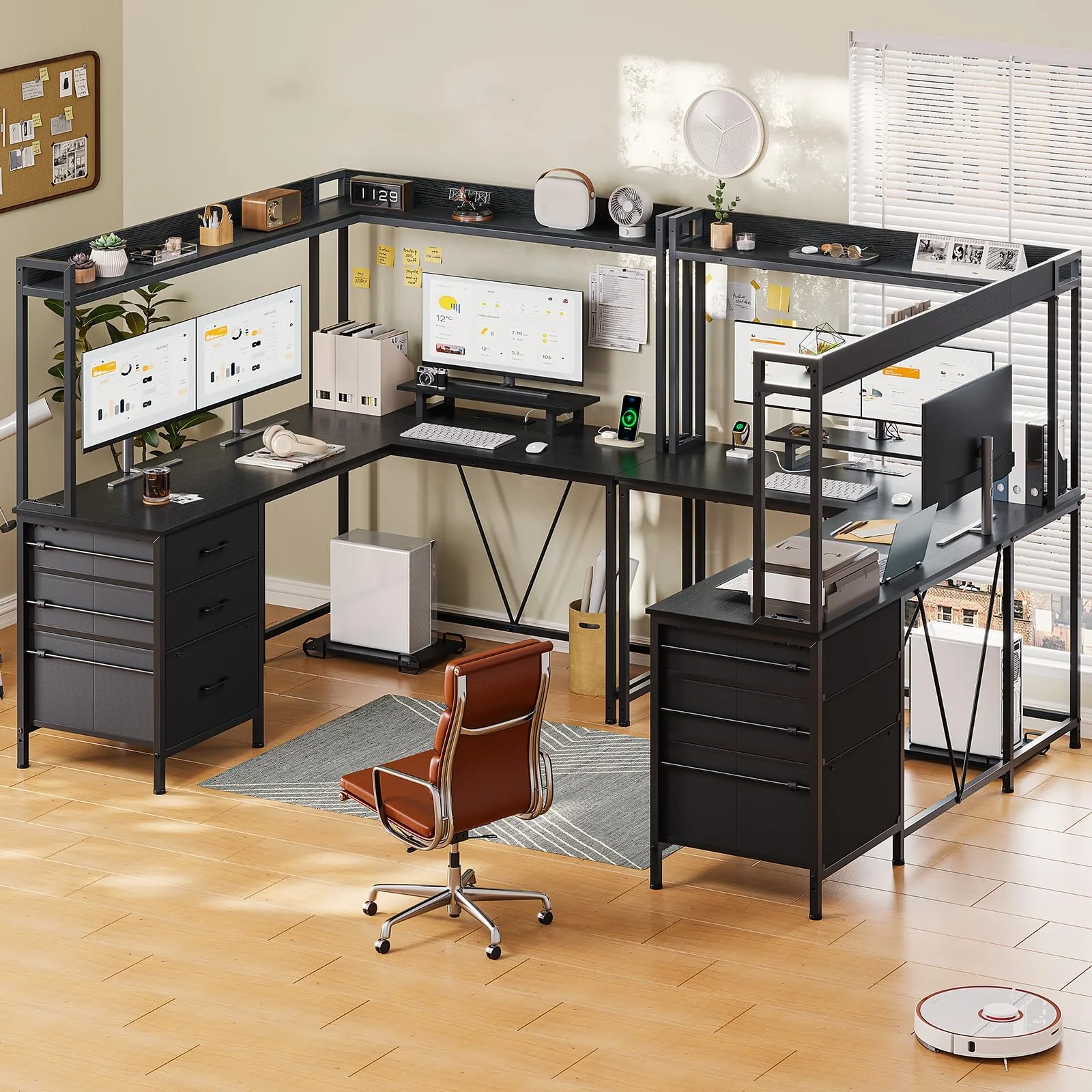 Afuhokles L Shaped Gaming Desk with Hutch and Drawers, Reversible Corner Computer Desk with Power Outlet and LED Strip, Black