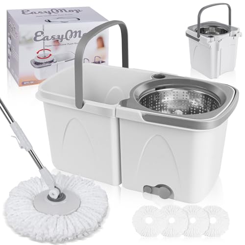 Spin Mop and Bucket with Wringer Set for Home, Separate Clean and Dirty Water, Spin Mop Bukcet System with 4 Reusable Microfiber Mop Pads, Wet Dust Mop for Floor Cleaning