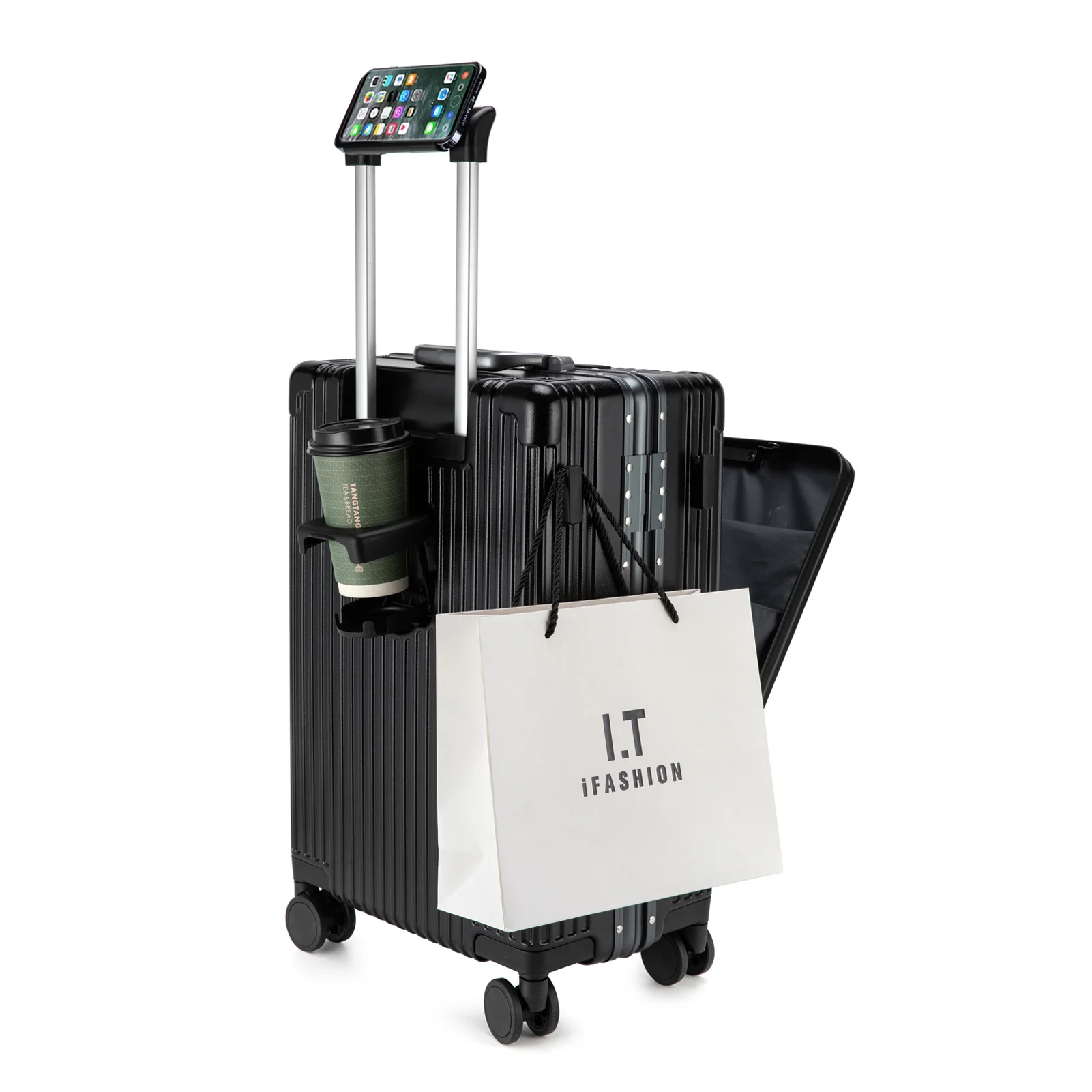 Aluminium Frame Hardside Expandable Spinner Wheel Luggage, Built-In TSA lock Carry on Suitcase, with Cup Holder & USB Port & Phone Holder - - in 18in/20in/24in Sizes