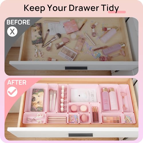 Vtopmart 25 PCS Clear Plastic Drawer Organizers Set, 4-Size Versatile Bathroom and Vanity Drawer Organizer Trays, Storage Bins for Makeup, Bedroom, Kitchen Gadgets Utensils and Office