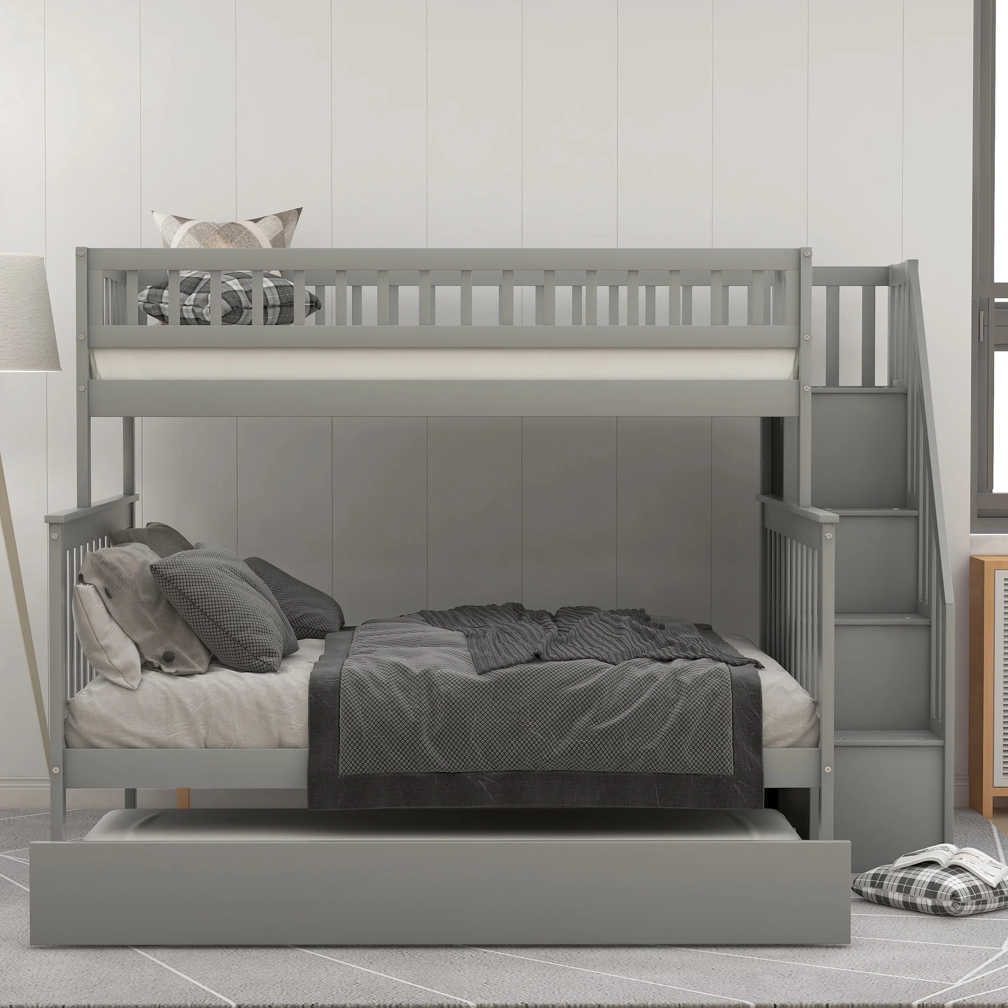 EUROCO Twin over Full Bunk Bed with Trundle Bed for Bedroom, Space-Saving Storage Staircase and Shelf, Solid Wood Bunk Bed Frame, Gray