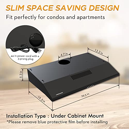 FIREGAS 30 inch Range Hood Under Cabinet, Ducted/Ductless Convertible Stainless Steel Kitchen Range Hood with Rocker Button Control, 2 Speed Exhaust Fan, 300 CFM Aluminum Filter Included