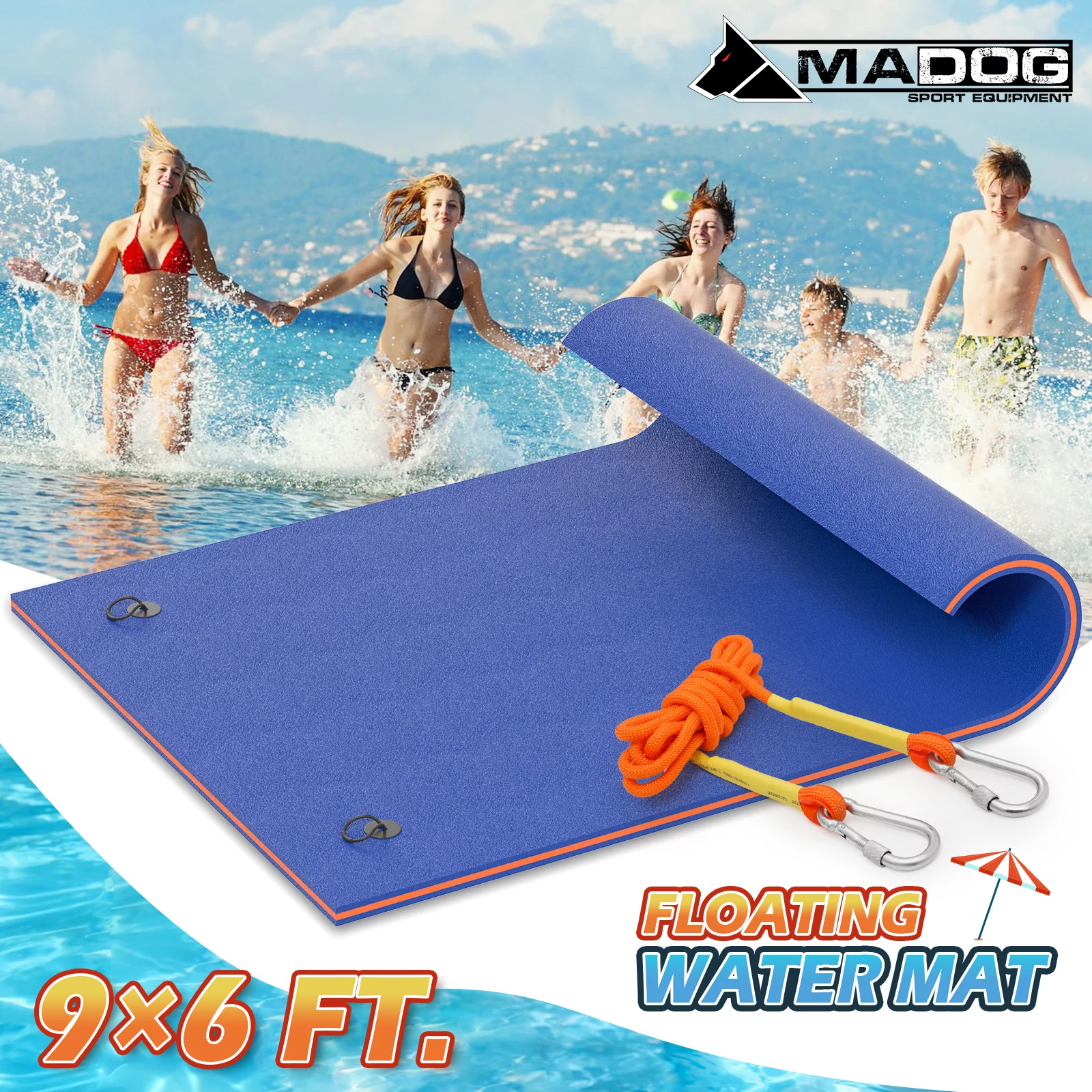 MADOG Water Floating Mat Foam Pad, 9x6FT Bouncy Tear-Resistant XPE Foam, Lake Float Mat Lily Pad for Recreation Pool River Ocean Outdoor Water Activities, Blue