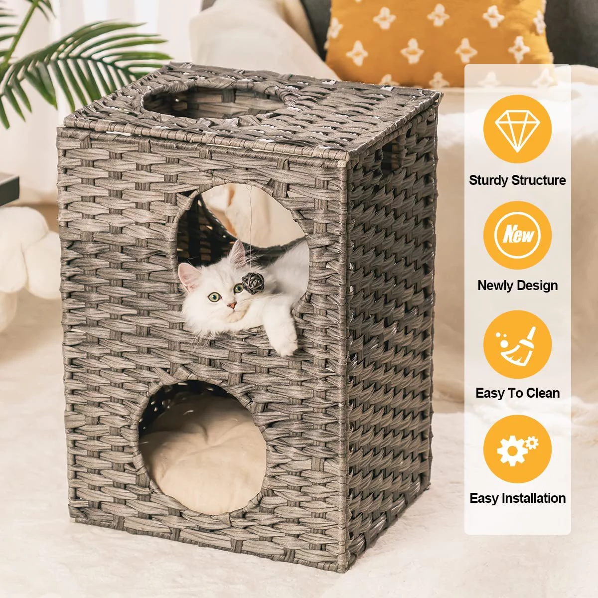 Rolife Cat House Wicker Cat Bed for Indoor Cats Woven Rattan Cat Condos Outdoor Sturdy Large Cat Furniture with Cushion,Gray