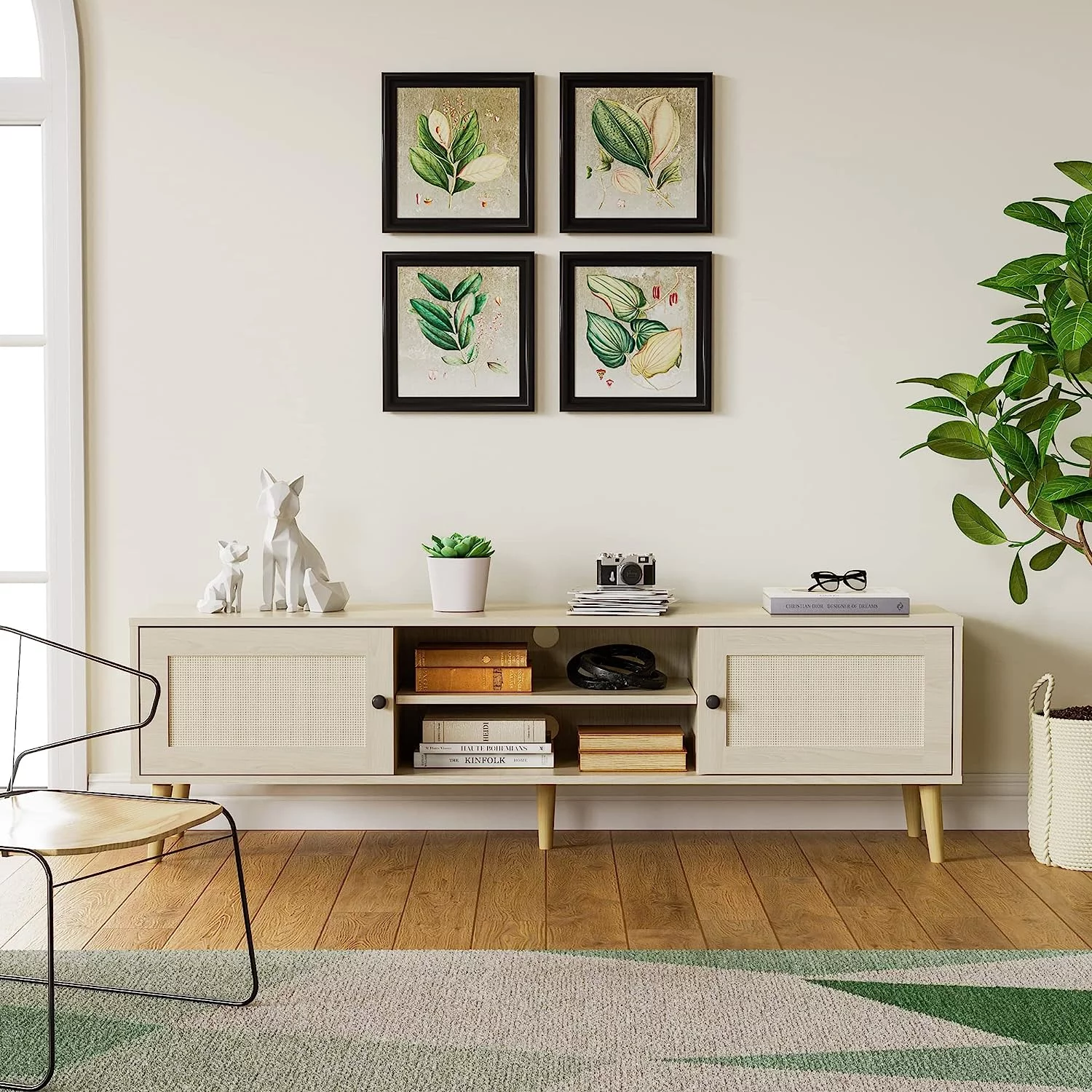 Cozy Castle Rattan TV Stand with Large Storage, 59