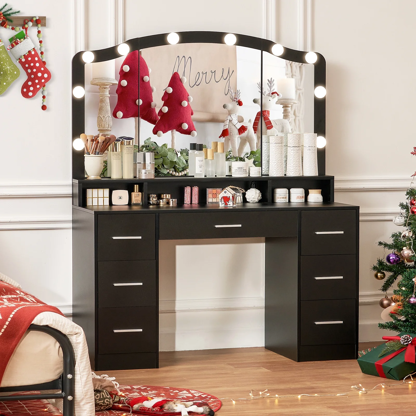 USIKEY Vanity Desk with Large Lighted Mirror, 43.3