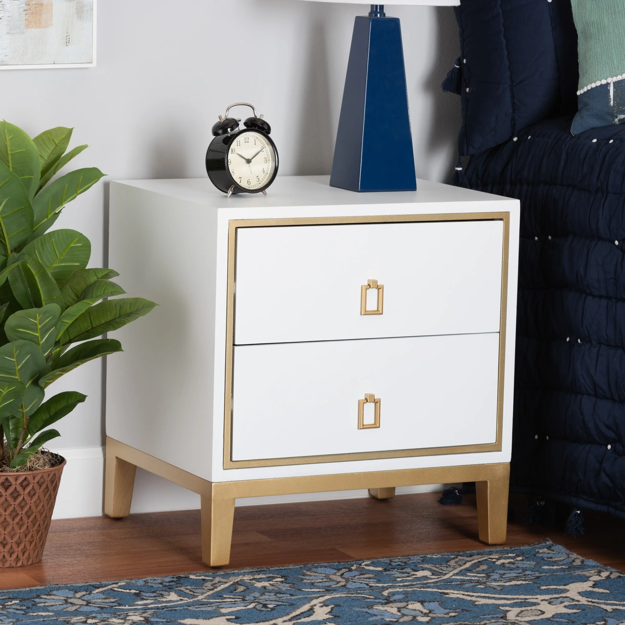 Baxton Studio Donald Modern/ Glam and Luxe Wood and Gold Metal 2-Drawer End Table White, Gold