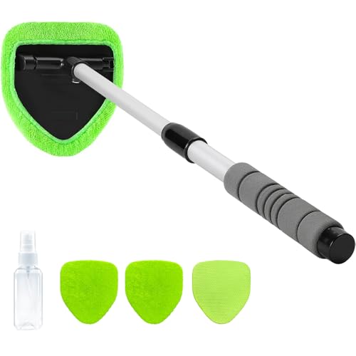 XINDELL Windshield Cleaner Tool - Portable Car Interior Window Cleaning Kit with Extendable Handle, 4 Microfiber Towel Pads, Auto Glass Wiper for Windshield, Trucks, SUVs, RVs, and Home Windows