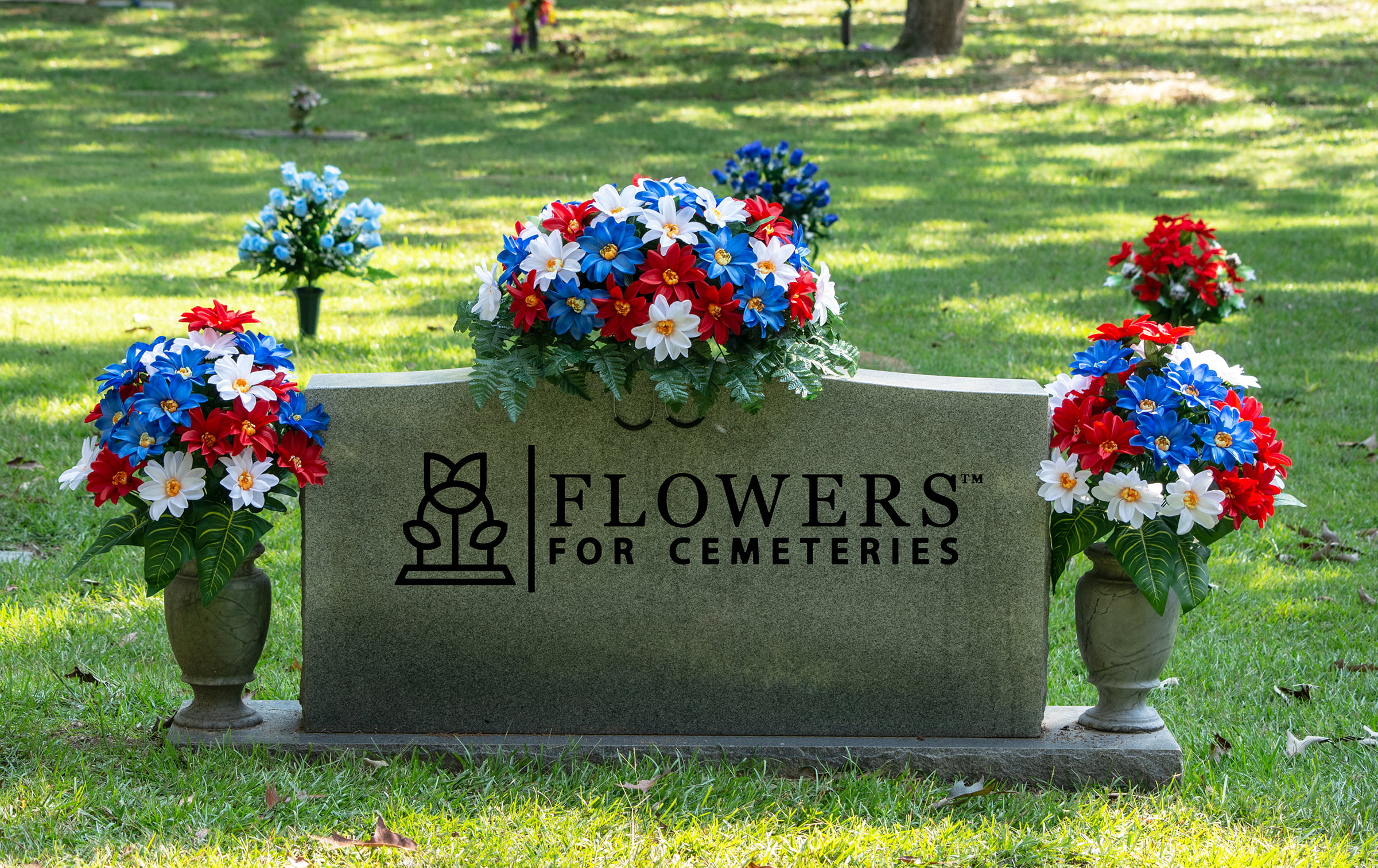 Sympathy Silks Artificial Cemetery Flowers 2 Red/White/Blue Dahlia bouquets & cemetery saddle