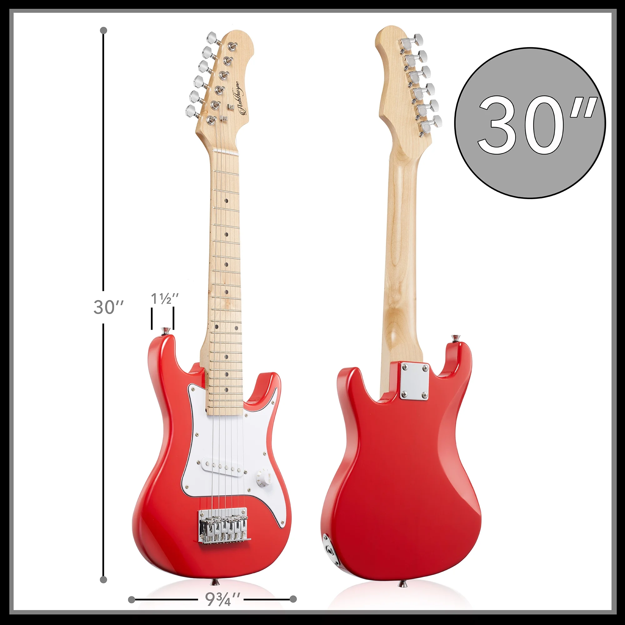 Ashthorpe 30-Inch Beginner Electric Guitar with Amplifier - Red, Kids Starter Package