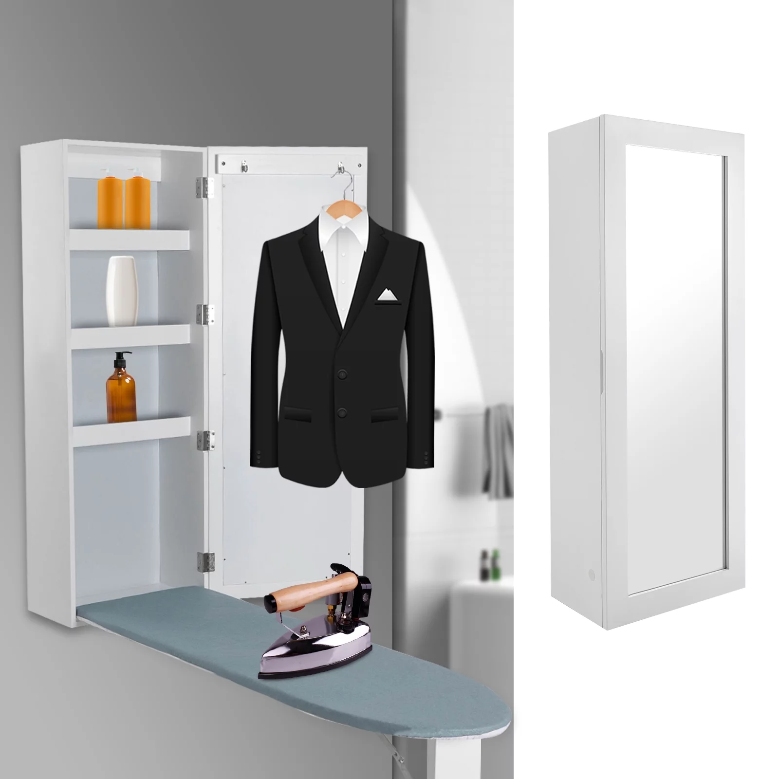 Miumaeov Wall Mounted Ironing Board with Storage Cabinet, Built in Ironing Board & Folding Support Leg, Wall-Mounted Mirrors for Home, Apartment & Small Spaces (Type 1)