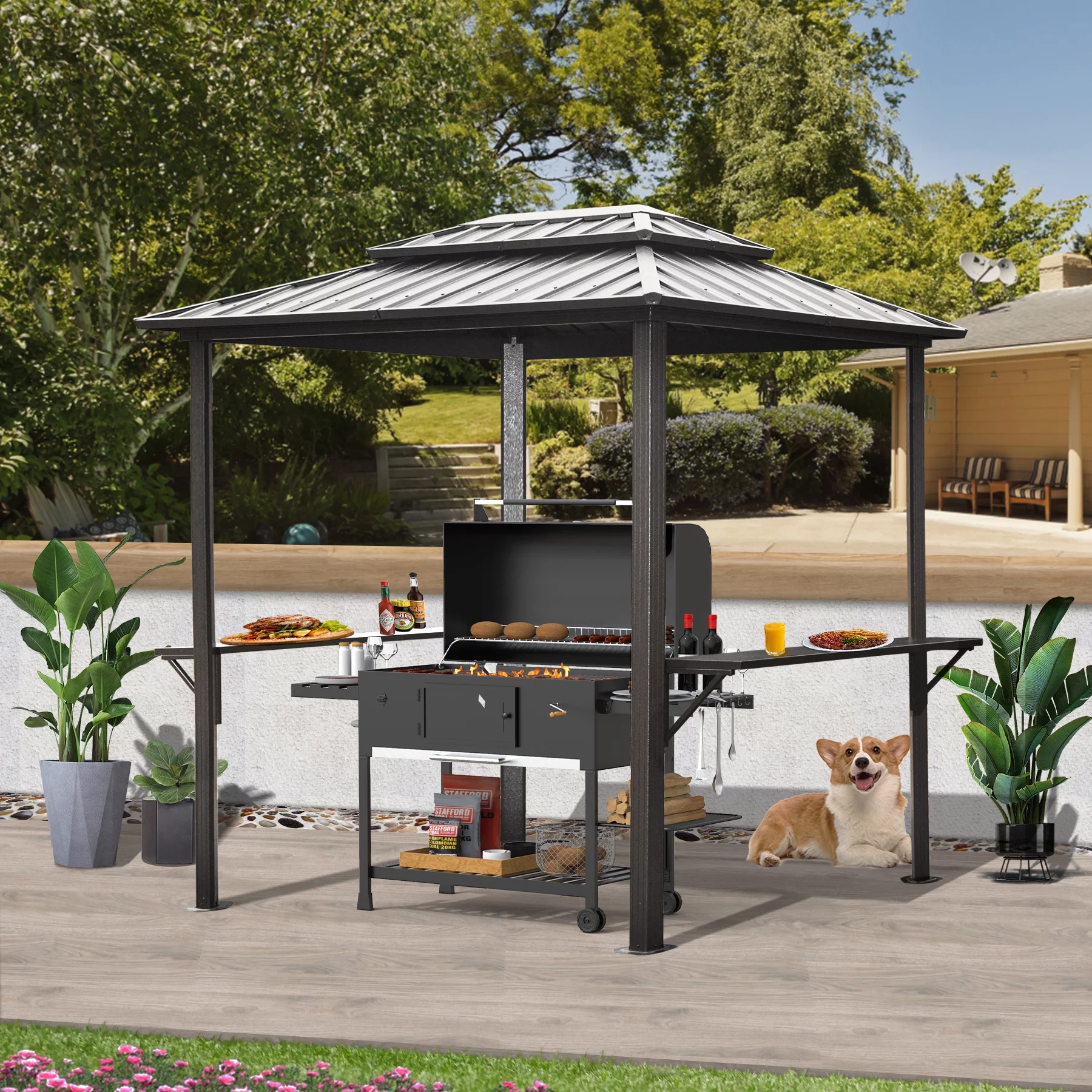Domi Grill Gazebo 8'  6', Aluminum BBQ Gazebo Outdoor Metal Frame with Shelves Serving Tables, Permanent Double Roof Hard top Gazebos for Patio Lawn Deck Backyard and Garden (Gray)