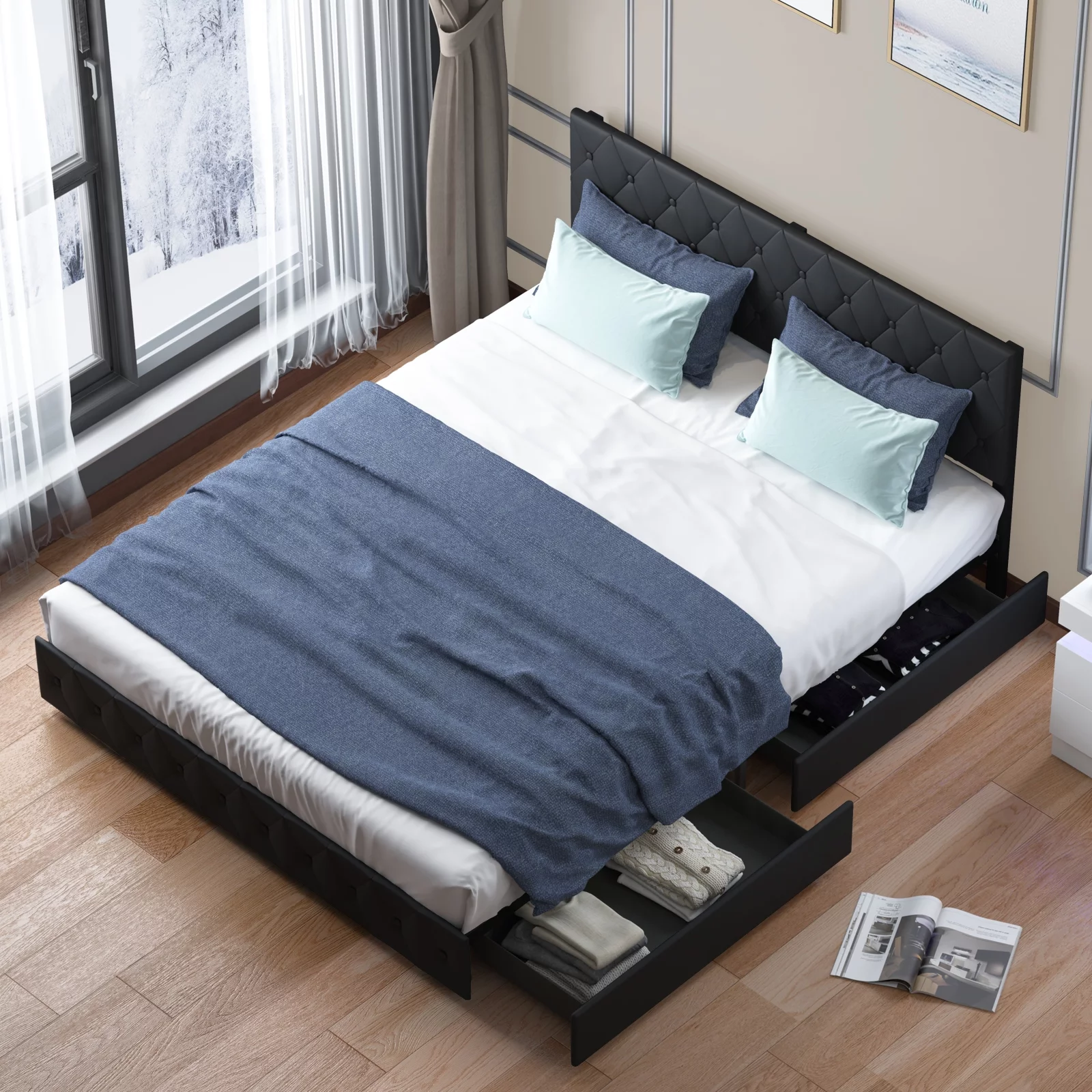 Mjkone Modern King Size Upholstered Platform Bed Frame with 4 Storage Drawers and Diamond Adjustable Headboard, Wood Slat Support/No Mattress (Black)