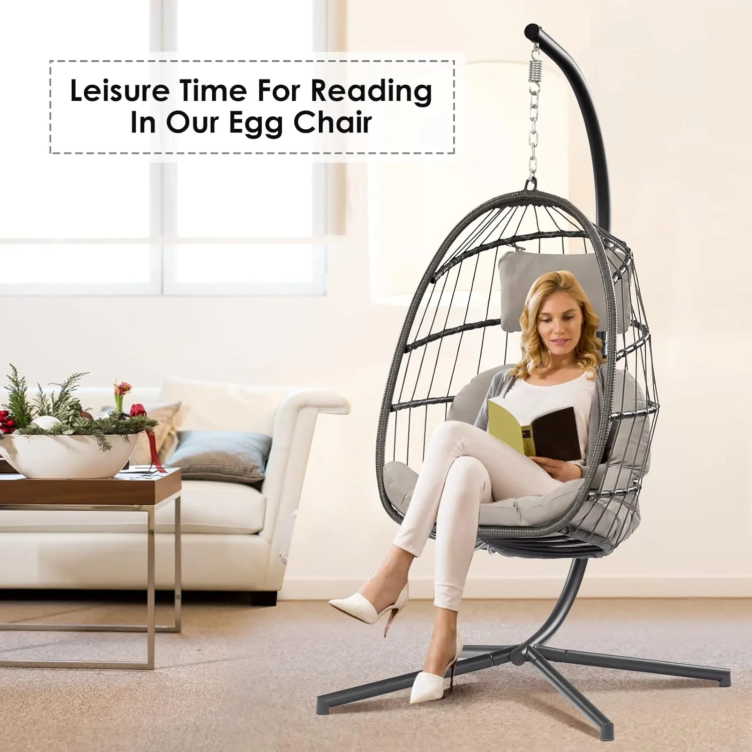 Egg swing Chair with bracket Egg Chair Outdoor - Rattan wicker patio Basket Chair Hammock Chair with aluminium steel frame and UV cushion for indoor bedroom balcony (grey)