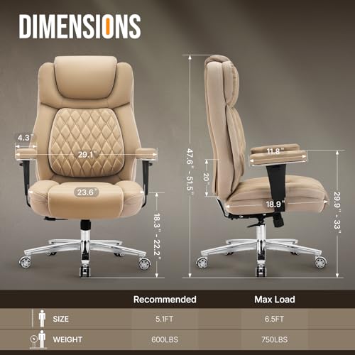 750lbs Big and Tall Office Chair,Heavy Duty Office Chairs,Executive Computer Desk Chair Work Chairs, Thick Padded Strong Metal Base Quiet Wheels, Ergonomic Design for Back Pain