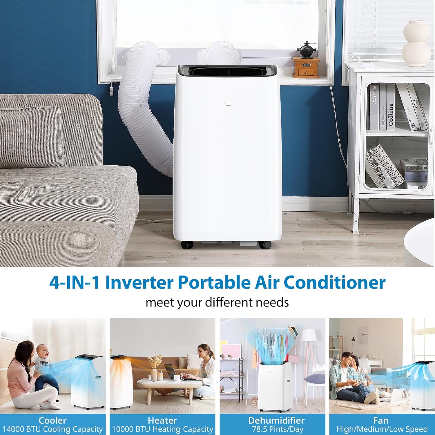 14,000BTU Inverter Air Conditioner for Rooms up to 750 Sq. Ft, 4-in-1 Portable AC Unit, Cooler, Heater, Dehumidifier & Fan, Sleep Mode 42dB, Dual Hose Portable AC with Window Kit & Remote Control