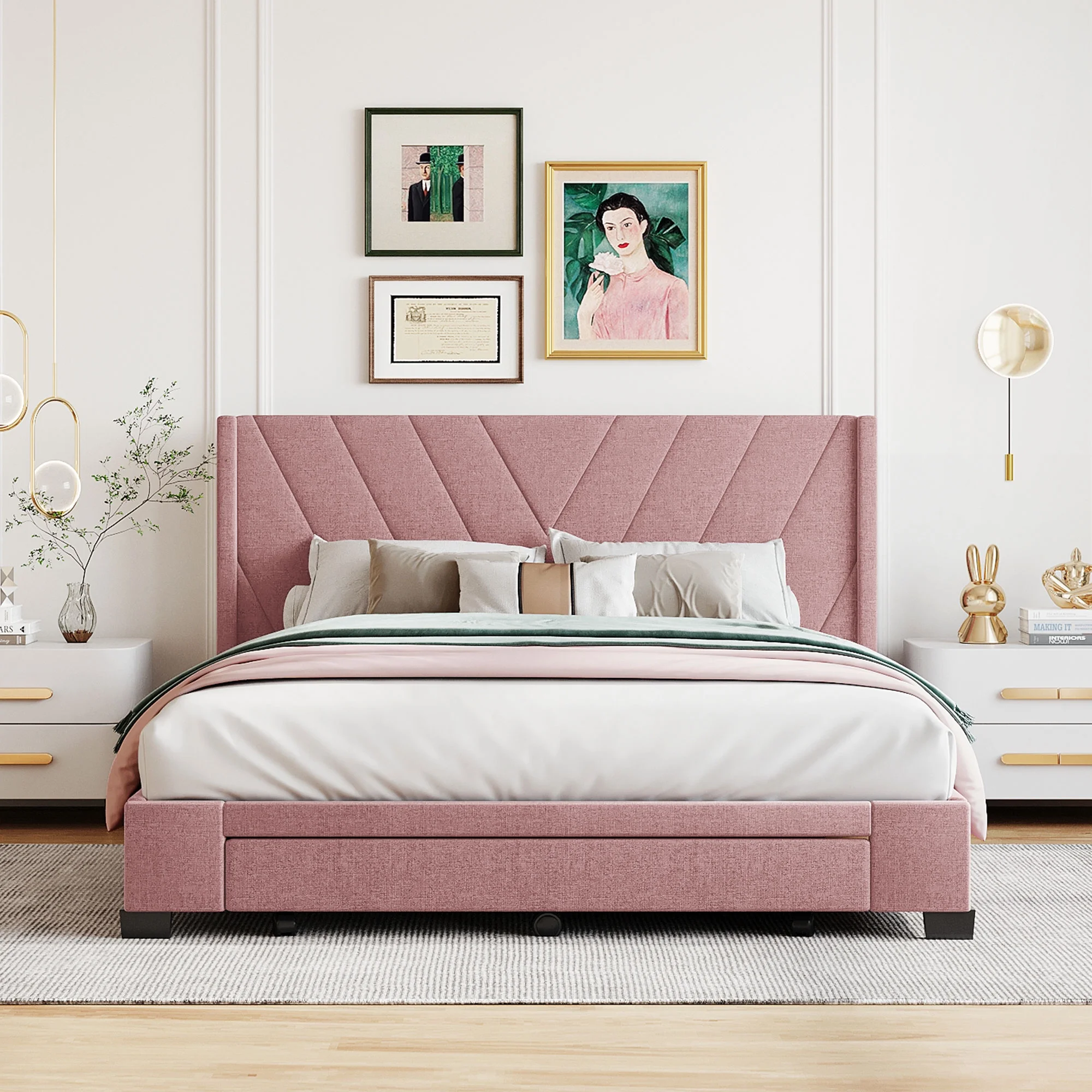 Bellemave Queen Size Linen Upholstered Platform Bed Frames with 3 Storage Drawers,Queen Storage Bed with Headboard & Wood Slat Support for Bedroom Boys Girls Small Space,Pink