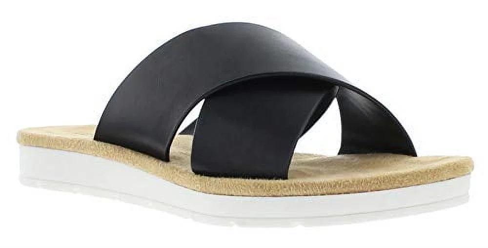 Izod Amber Flat Engineered Leather Slip on Sandals for Women, Memory Foam Summer Slides, Black S
