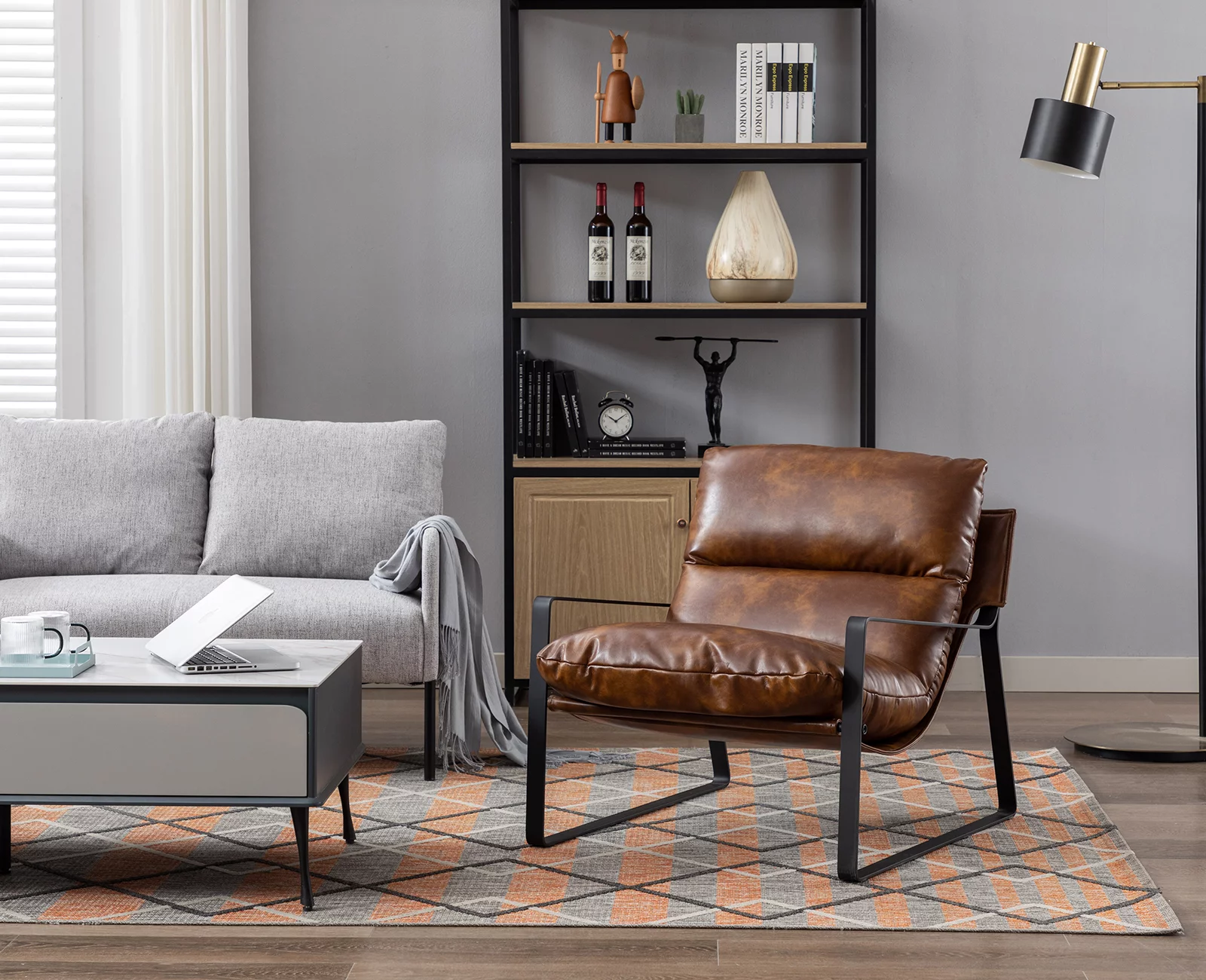 Guyou Modern Faux Leather Upholstered Accent Armchair with Metal Base, Removable Cushion Lounge Single Sofa Chair for Living Room Bedroom, Brown