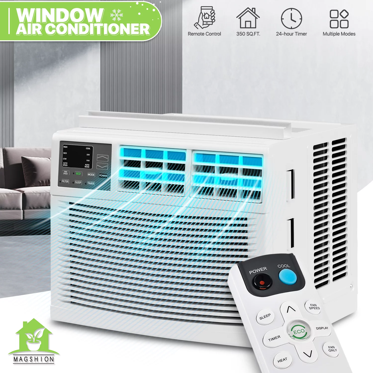 Magshion 8,000 BTU Window Mounted Air Conditioner, Cools Up to 350 Sq.Ft., Quiet Operation, Electronic Control with Remote, 4 Mode Fan Speeds, Auto Restart, 115V, White