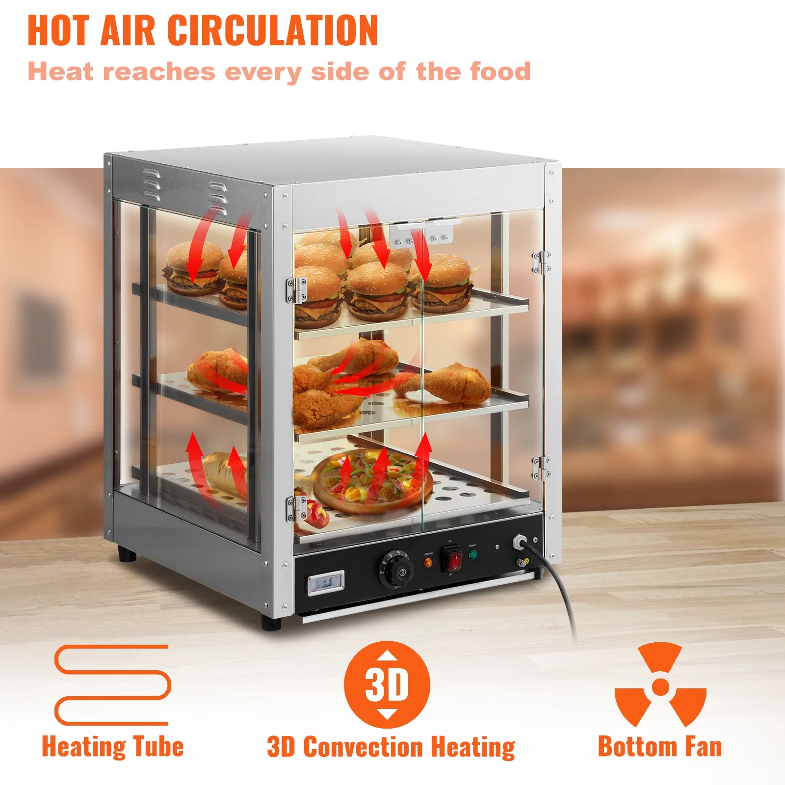 BENTISM 3-Tier Commercial Food Warmer Countertop Pizza Cabinet with Water Tray
