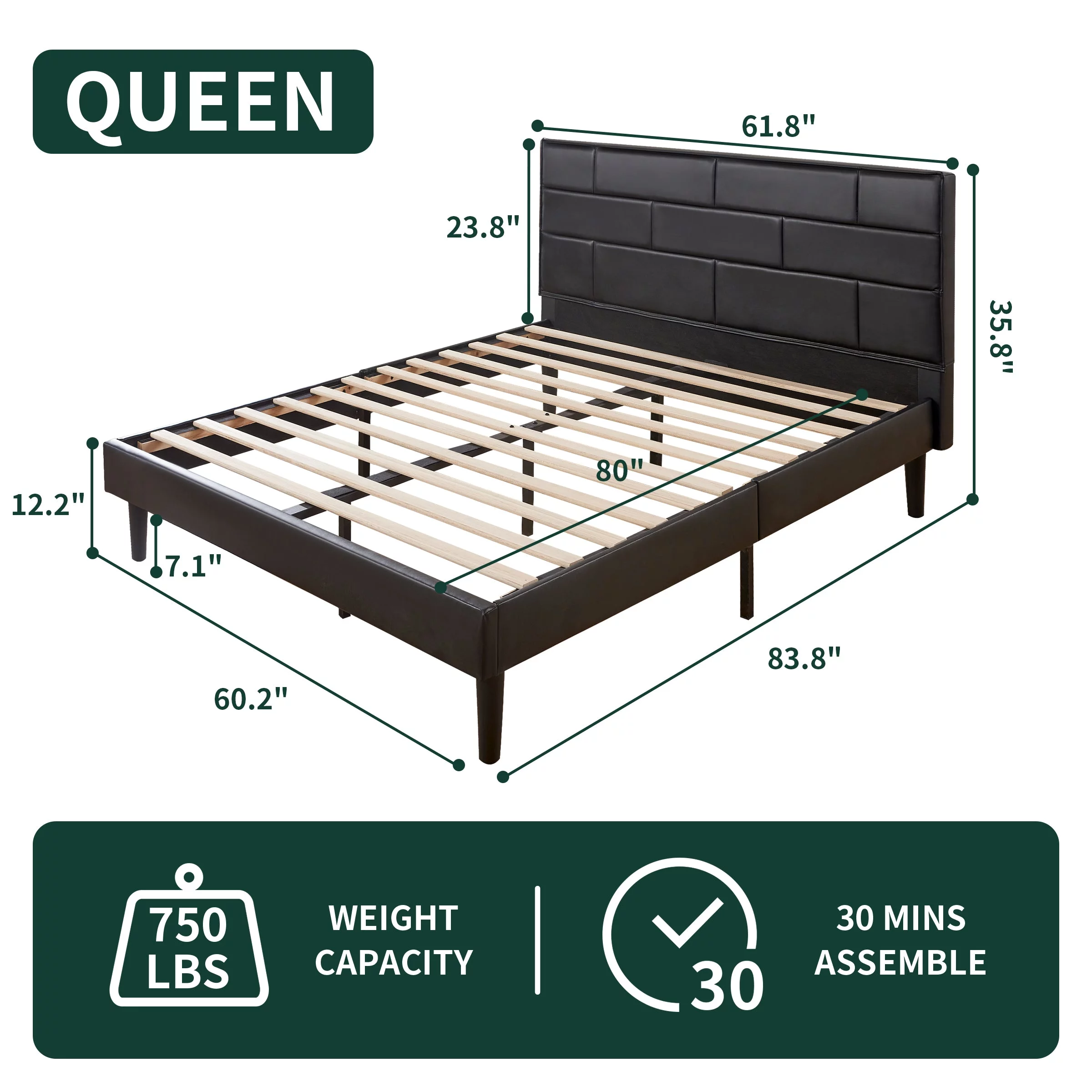 CHUN YI Queen Platform Bed Frame with Removable Faux Leather Upholstered Headboard, Wood Slats Support, No Box Spring Needed
