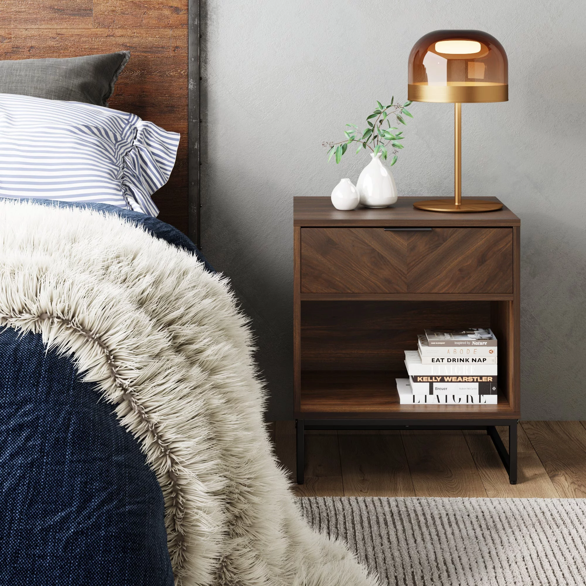 Nathan James Kensi Walnut Rustic Nightstand Black Matte Metal Base with Open Cubby for Storage and Drawer