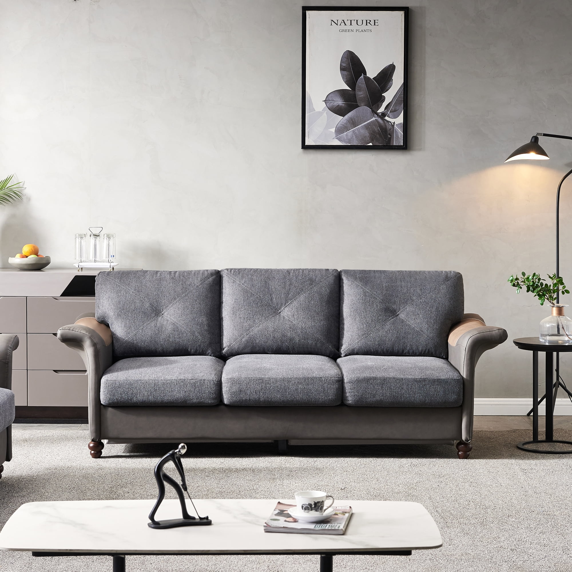 Living Room Furniture Linen Fabric Faux Leather with Wood Leg Sofa, Dark Grey