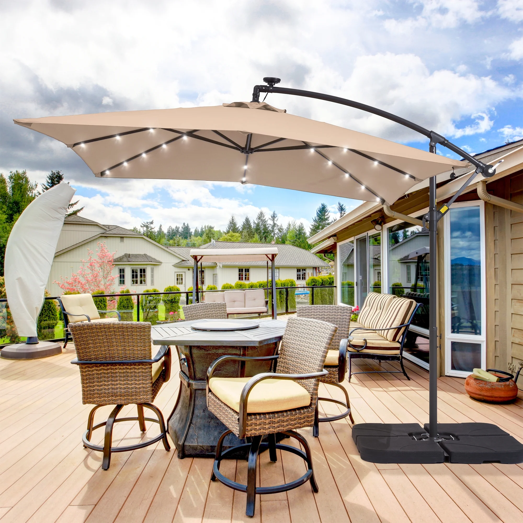 Sonerlic 8.2 x 8.2ft LED Outdoor Patio Offset Hanging Umbrella with a Base for Yard, Poolside and Deck, Sand