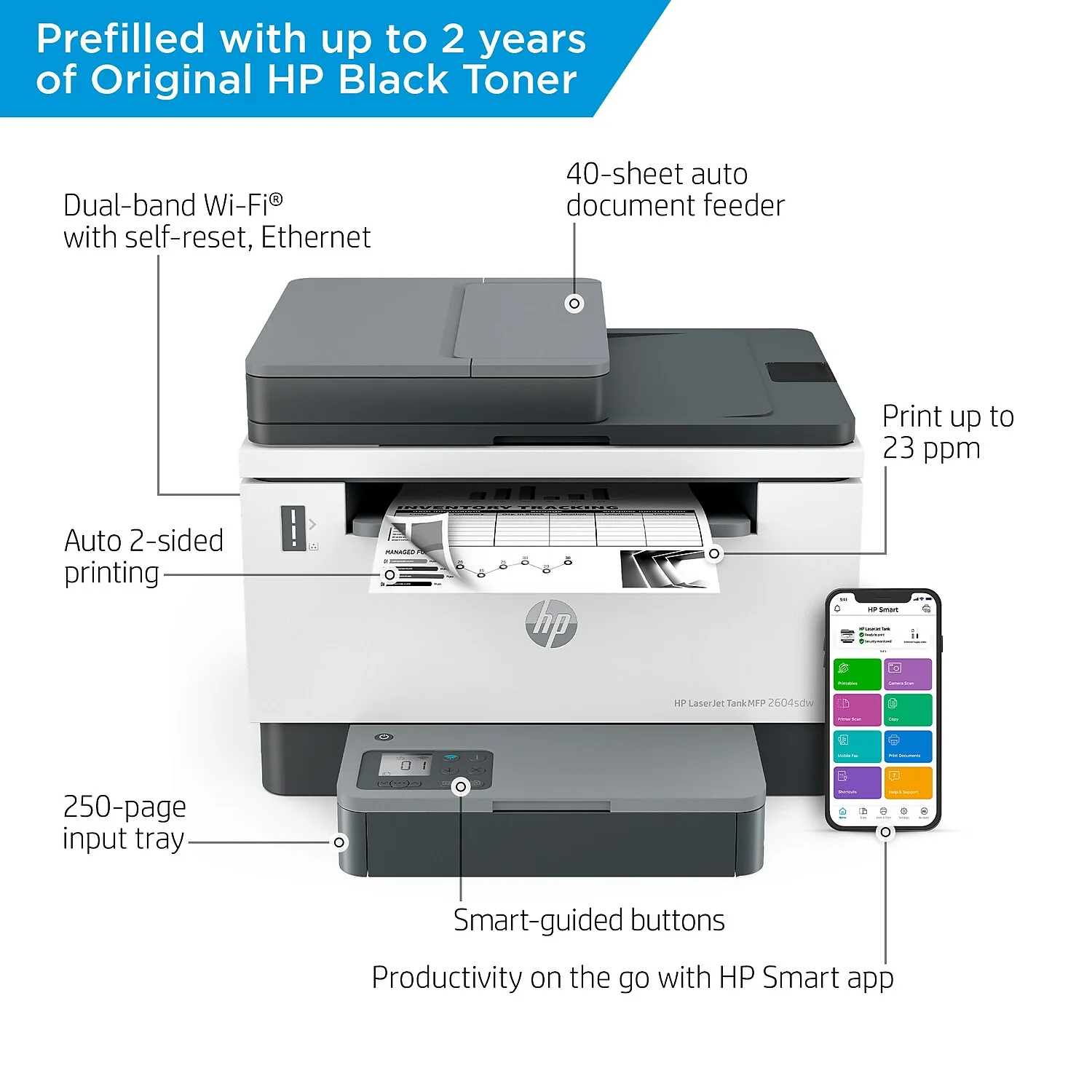HP LaserJet Tank MFP 2604sdw Monochrome Color Printer with Laser Printing Technology, 381V1A