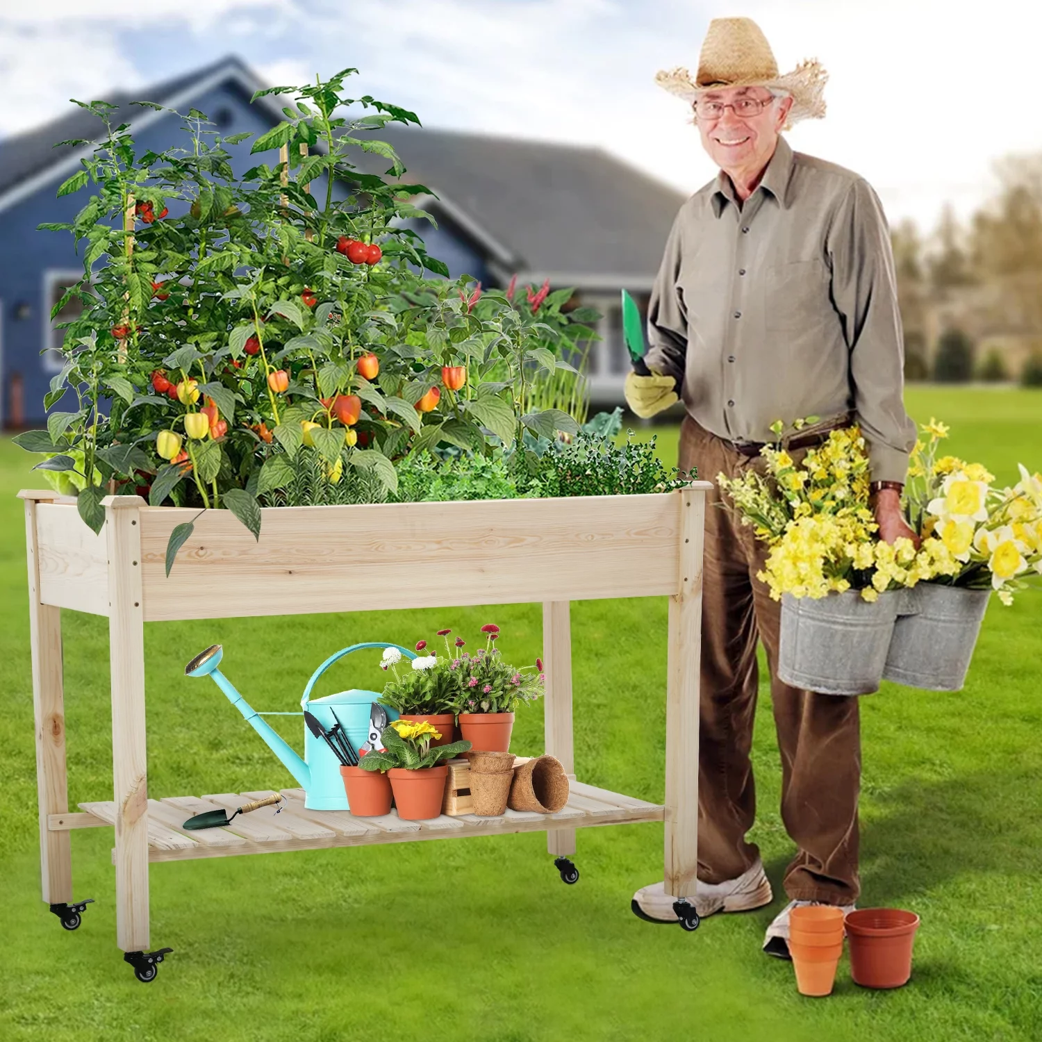 NiamVelo Raised Garden Bed, Elevated Wood Planter Box with Wheels and Storage Shelf,  Outdoor Garden Planter Box for Vegetable Plants and Seeds Backyard Patio Garden Raised Bed, Natural