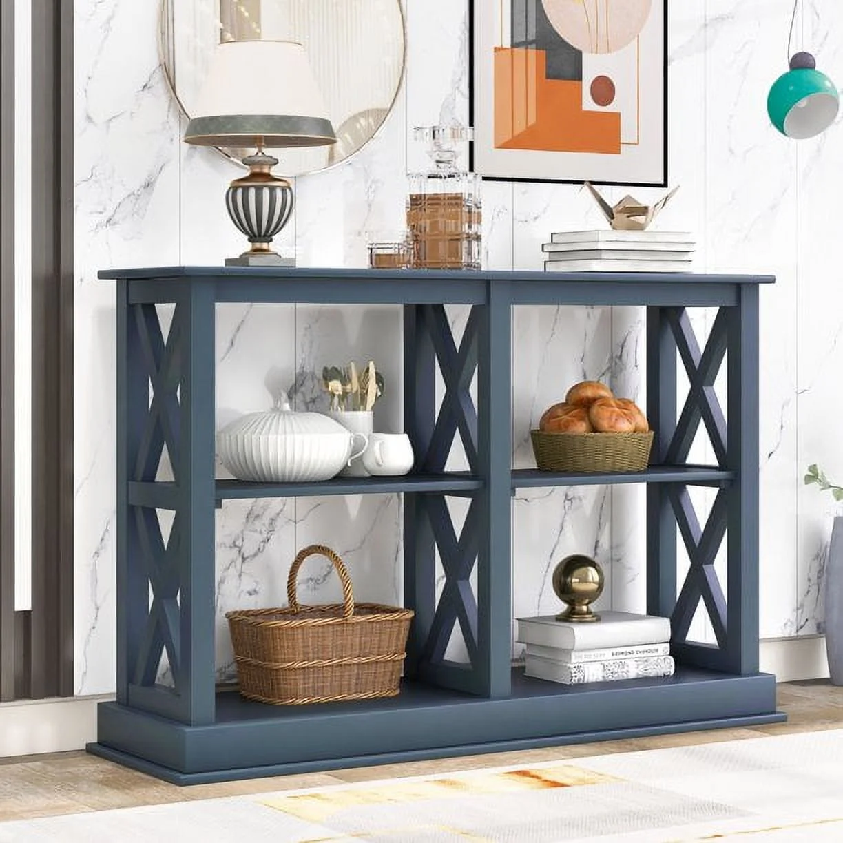 Nestfair Navy Blue Console Table with 3-Tier Open Storage Spaces