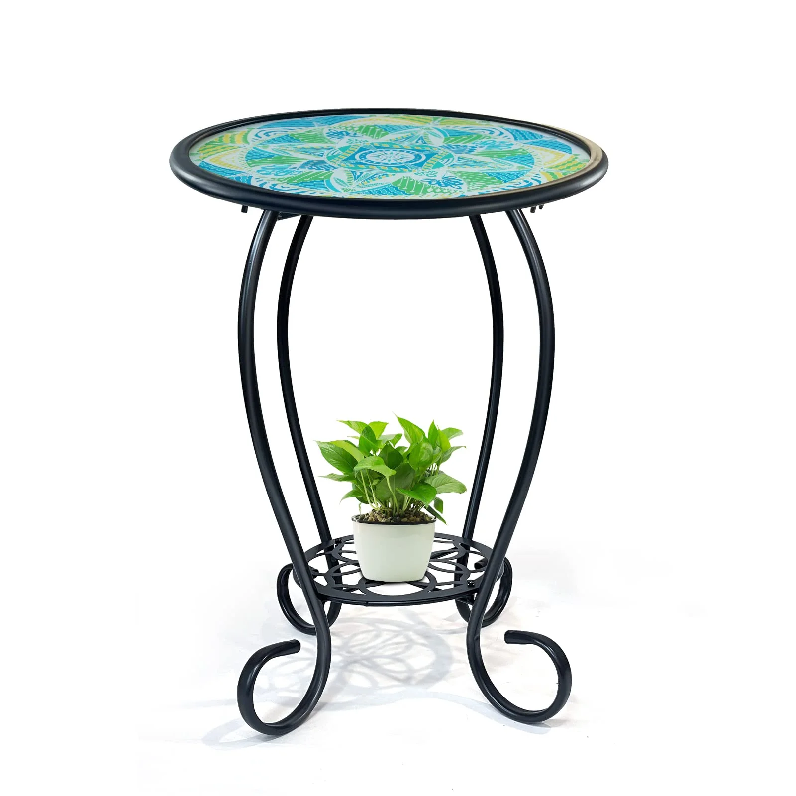 HONGLAND Mosaic Outdoor Side Table, Two Tier Green Patio Side Table for Porch-14X14X21 inch