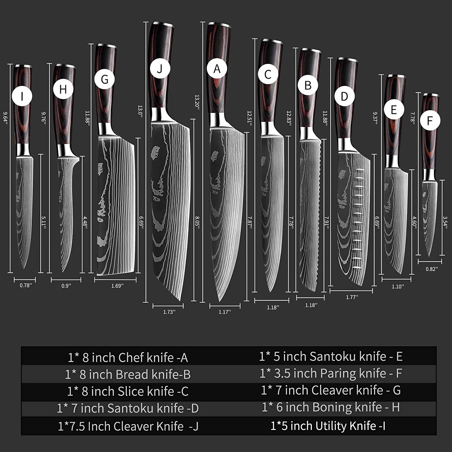 MDHAND 10pcs Knife Set with Ergonomic Pakkawood Handle, 3.5 - 8inch Laser Damascus Stainless Steel Cutlery Japanese Chef Slicing Santoku Cleaver, Kitchen Cooking Tools