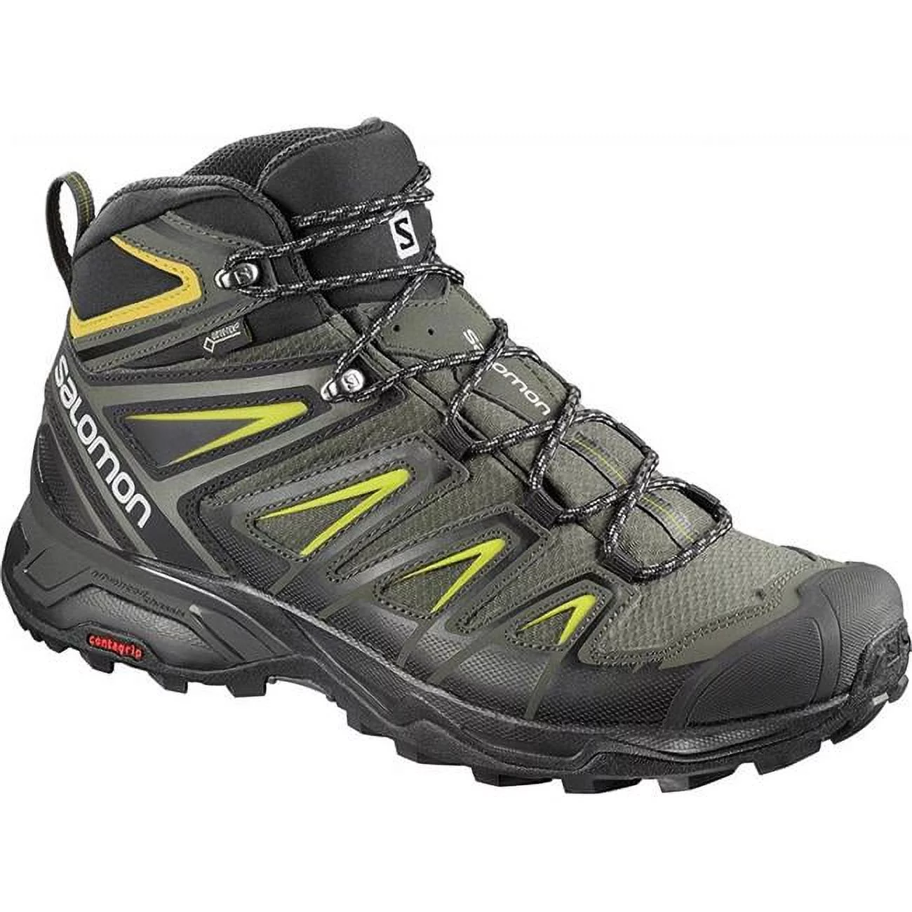 Salomon X Ultra 3 MID Gore-TEX Hiking Boots for Men, Castor Gray/Black/Green Sulphur, 10.5