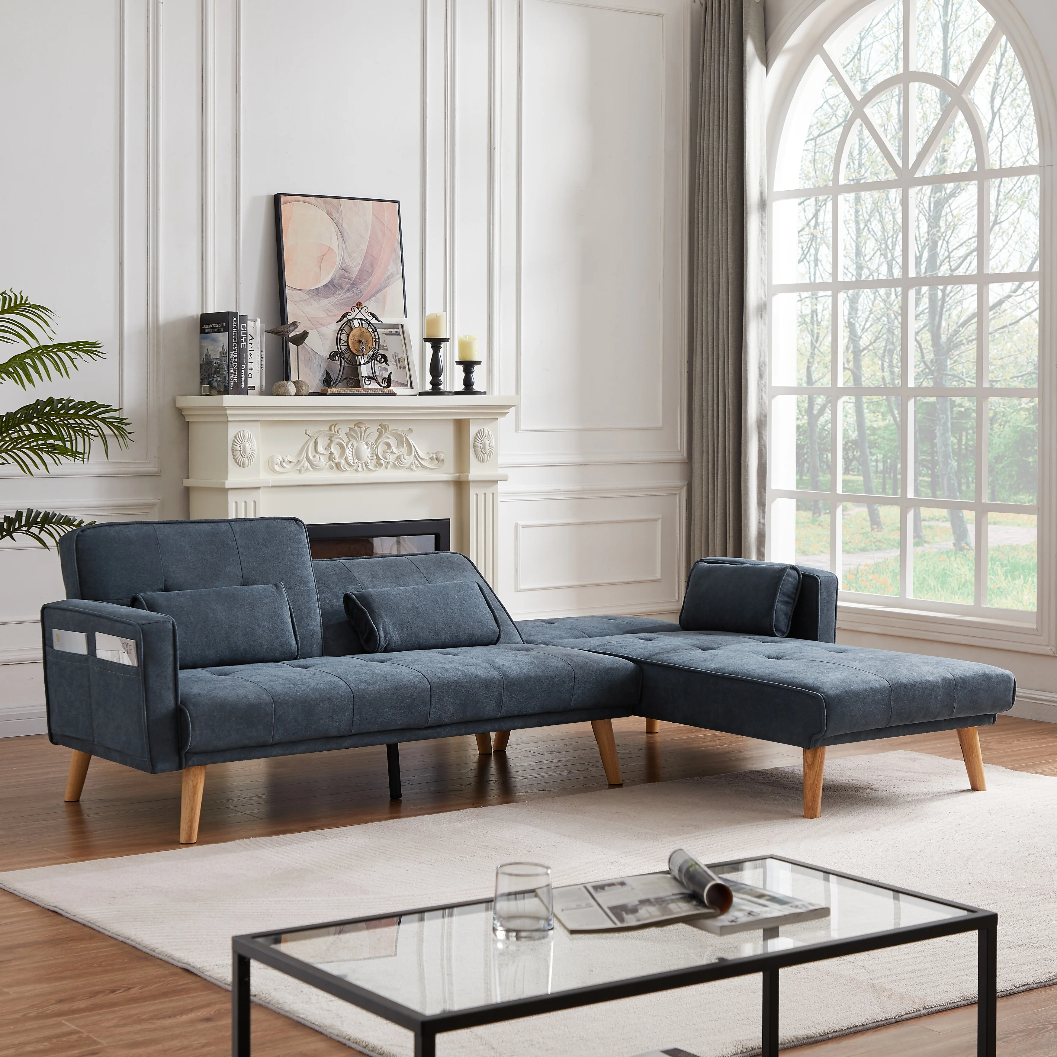 Convertible L-shaped Linen Sleeper Sectional Sofa, Right Facing