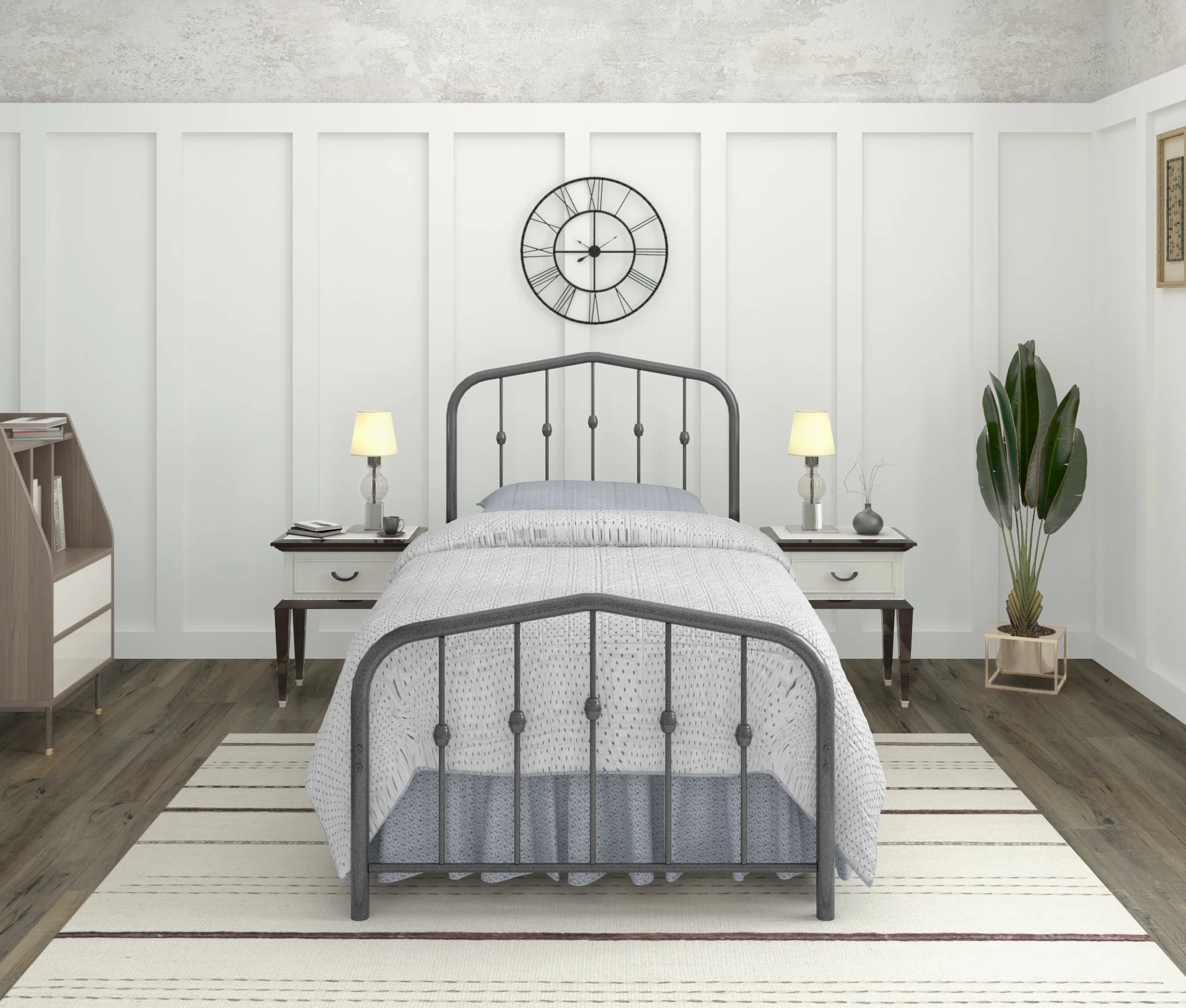 CastleBeds Washington Twin Metal Bed Frame with Headboard and Footboard Platform | Wrought Iron | Heavy Duty | Solid Sturdy Metal Slat | Charcoal Grey Silver | No Box Spring Needed