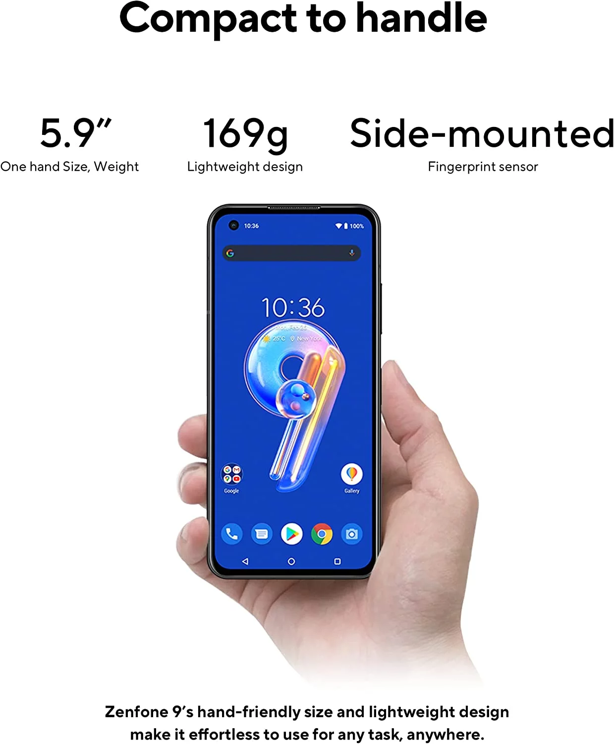 ASUS ZenFone 9, 5.9” FHD+ 2400x1080 AMOLED 120Hz, 50MP/12MP Dual Camera, 8GB, 256GB, 5G LTE Unlocked Dual SIM, White, US Version, AI2202-8G256G-WH
