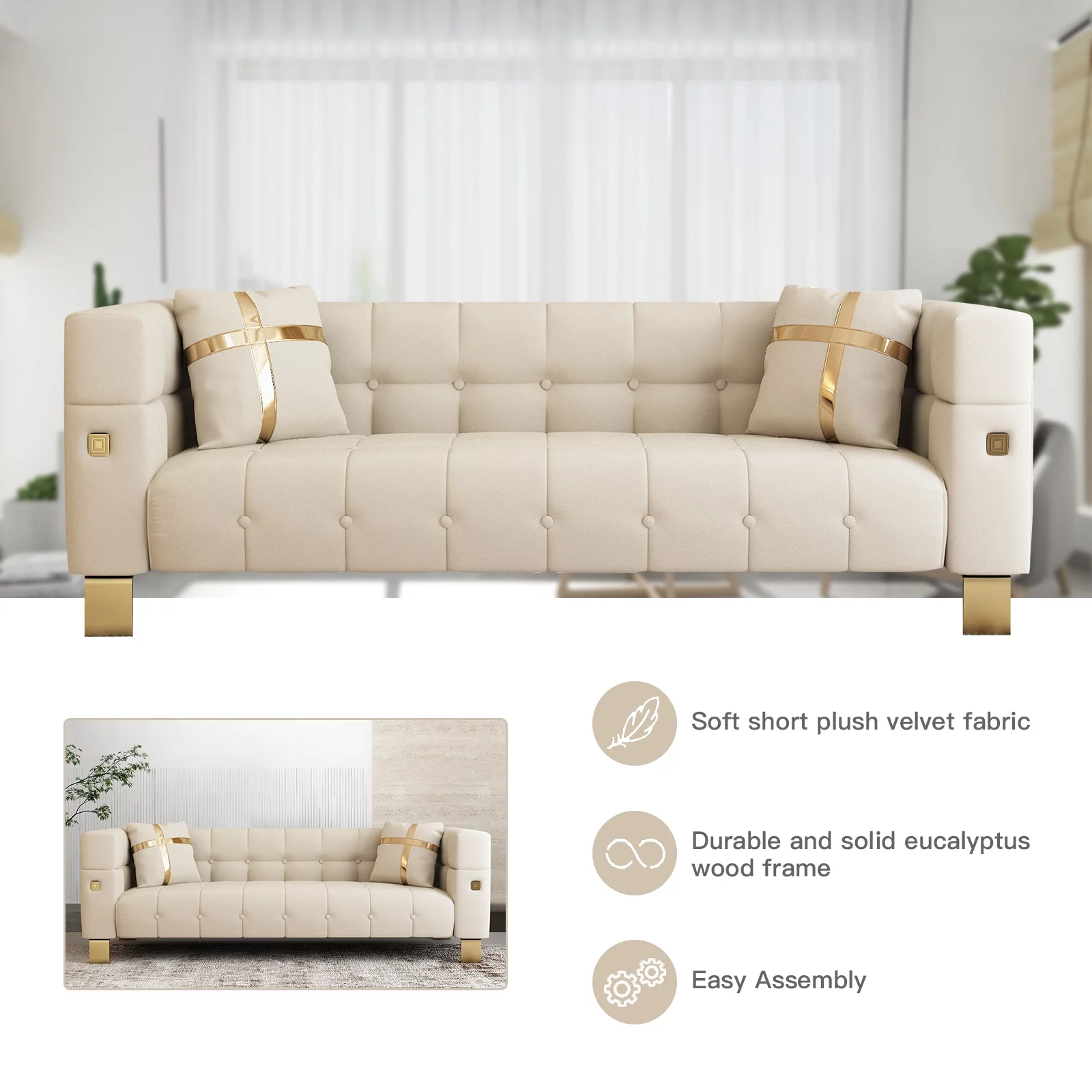Lecut 89’’ Velvet Sofa Mid Century Small Couch Pretty Chesterfield Sofa Couch with Gold Legs for Apartment Bedroom Office with Pillows Beige