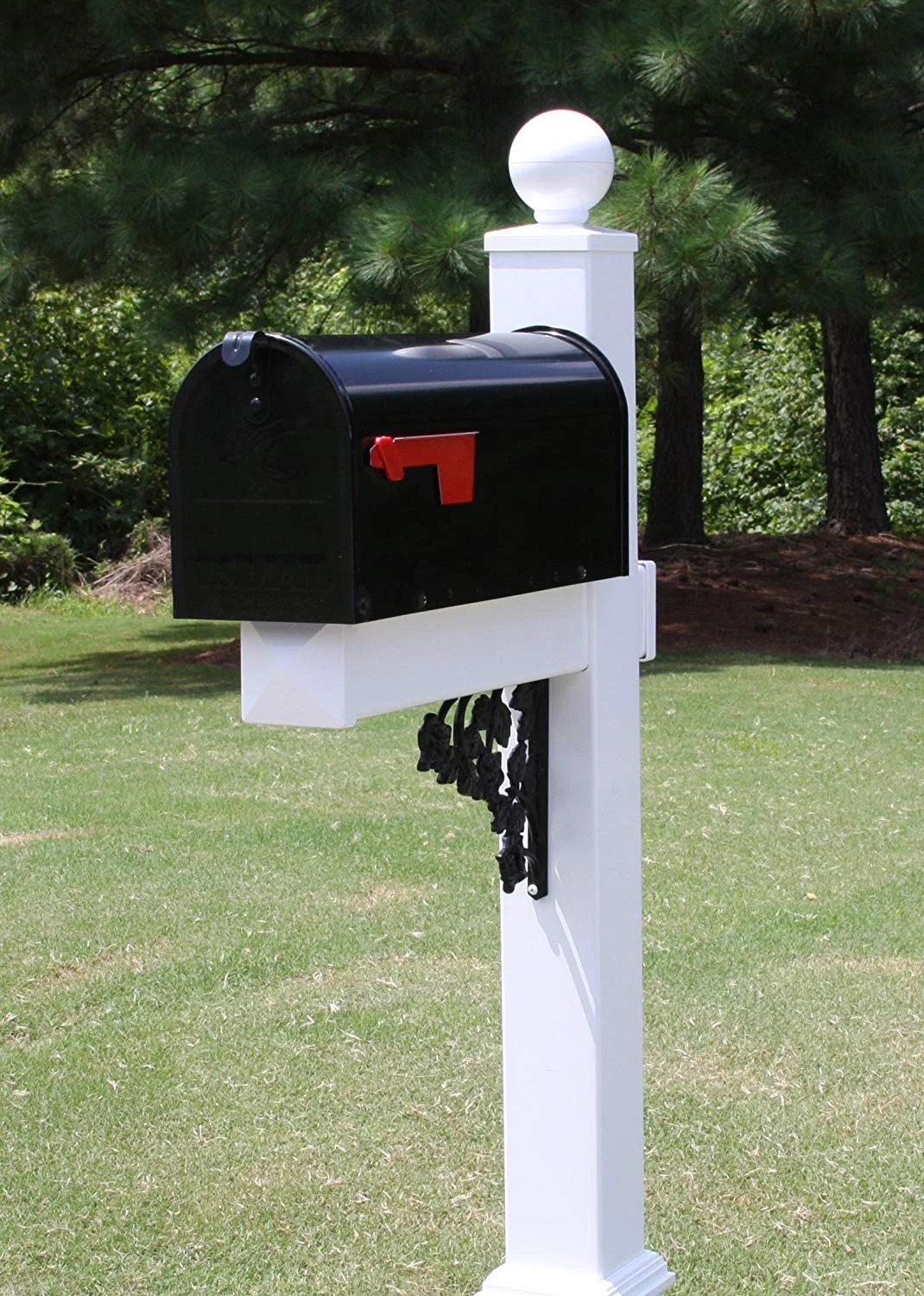 The Turner Mailbox System with White Vinyl Post Combo, Stand, and Black Mailbox Included