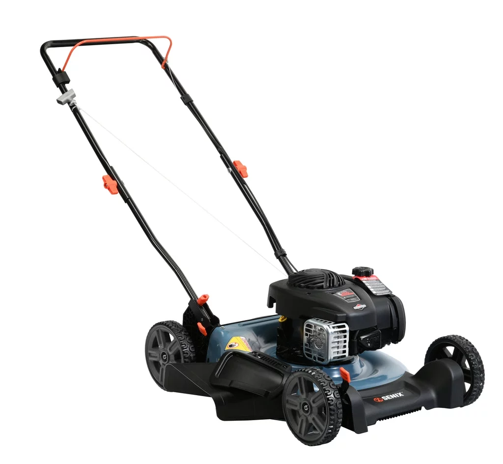 SENIX 21-Inch 125 cc 4-Cycle Gas Powered Push Lawn Mower, Mulch & Side Discharge, Dual Lever Height Adjustment, LSPG-M3
