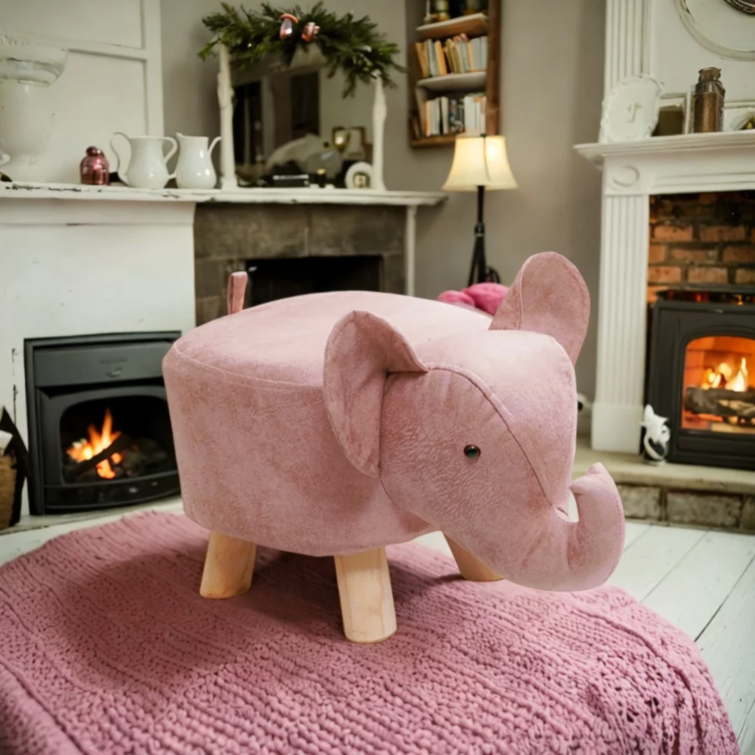 Animal Footstool, Sofa Tea Stool, Wood Portable Storage, Cartoon Cute Ottoman Stool, Elephant Bench for Outdoor, Indoor Decor, Playroom Entryway Pink