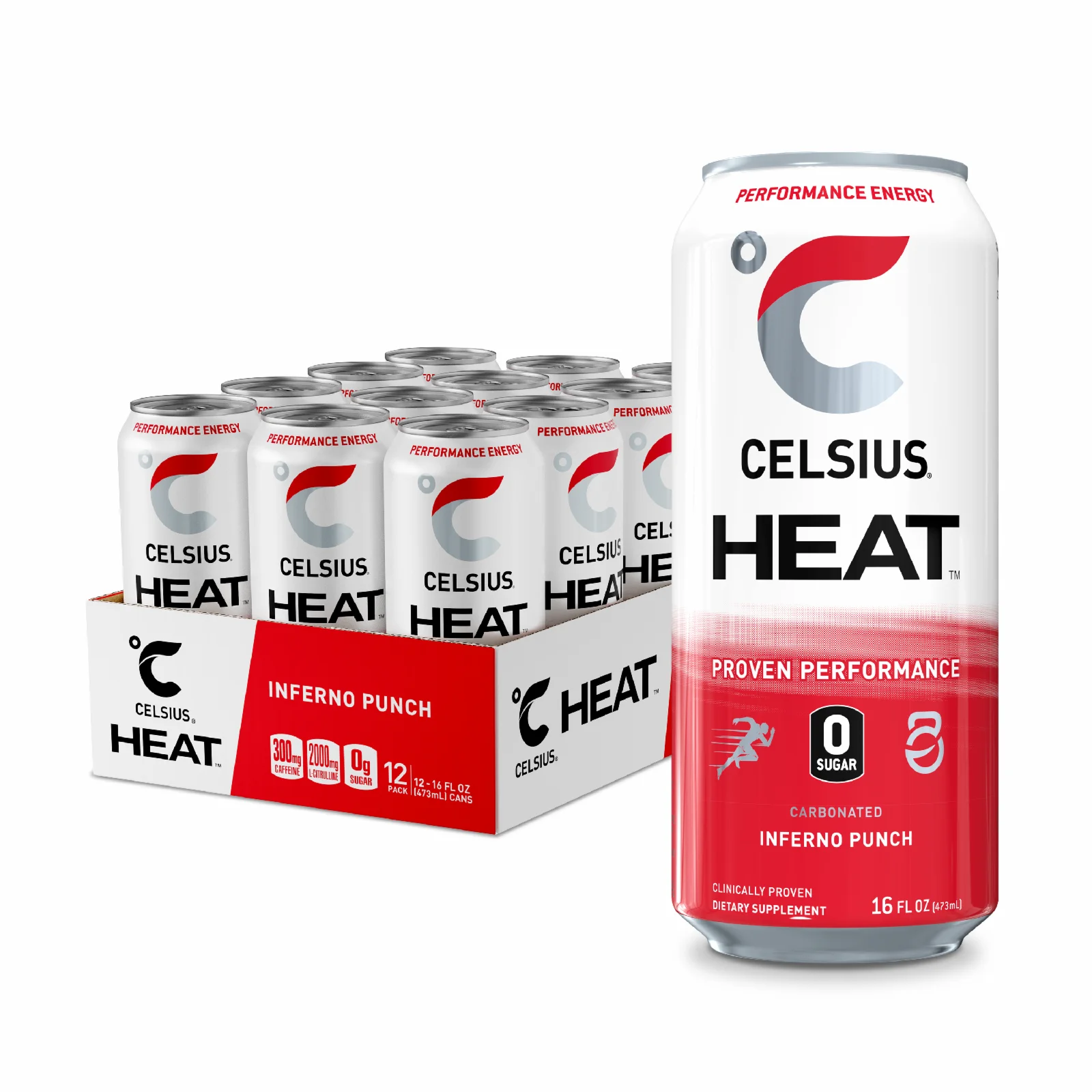 CELSIUS HEAT Sparkling Inferno Punch, Functional Essential Energy Drink 16 fl oz (Pack of 12)