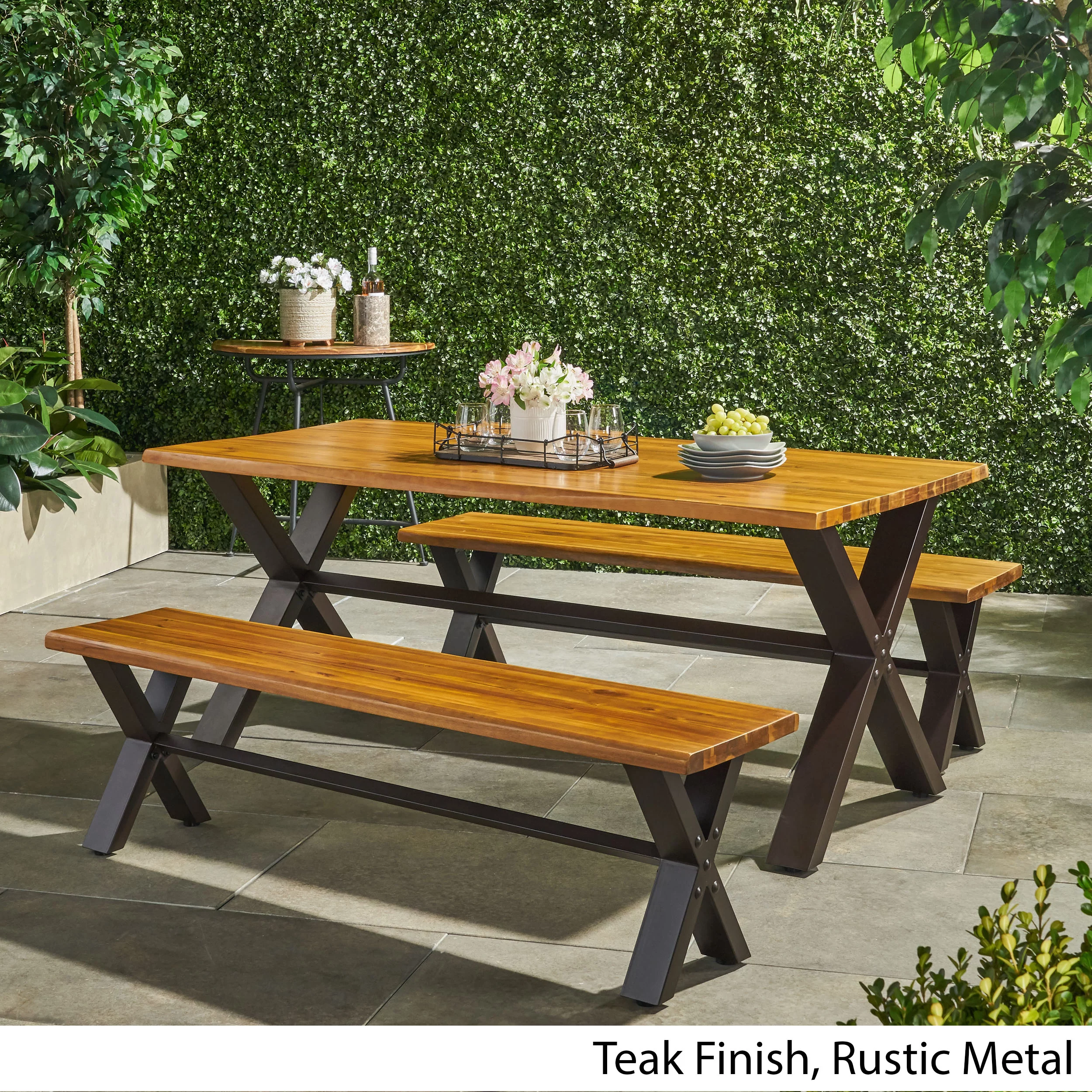 Myers 3 Piece Outdoor Acacia Wood Picnic Dining Set, Teak Finish with Rustic Metal