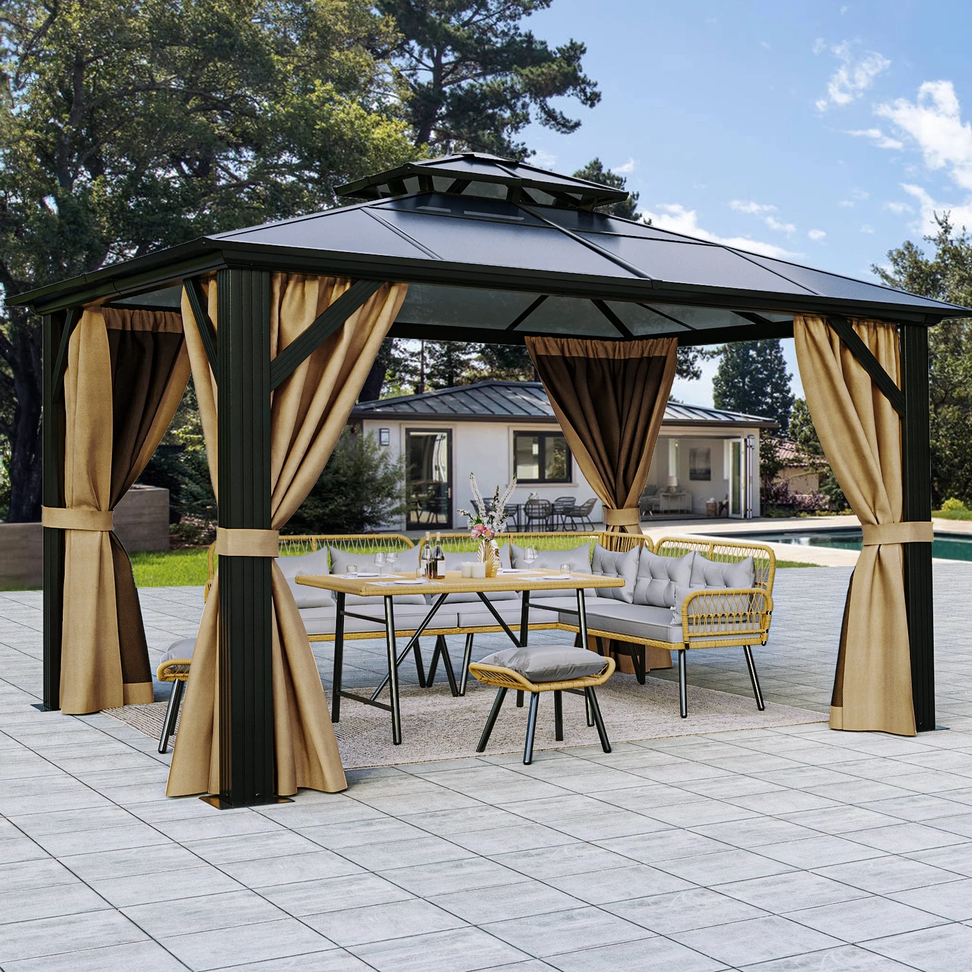 Dextrus 12x14FT Gazebo Hard-Top Double Roof Canopy Outdoor with Netting and Shaded Curtains, Aluminum Frame Hardtop Garden Tent for Patio, Backyard, Deck and Lawns