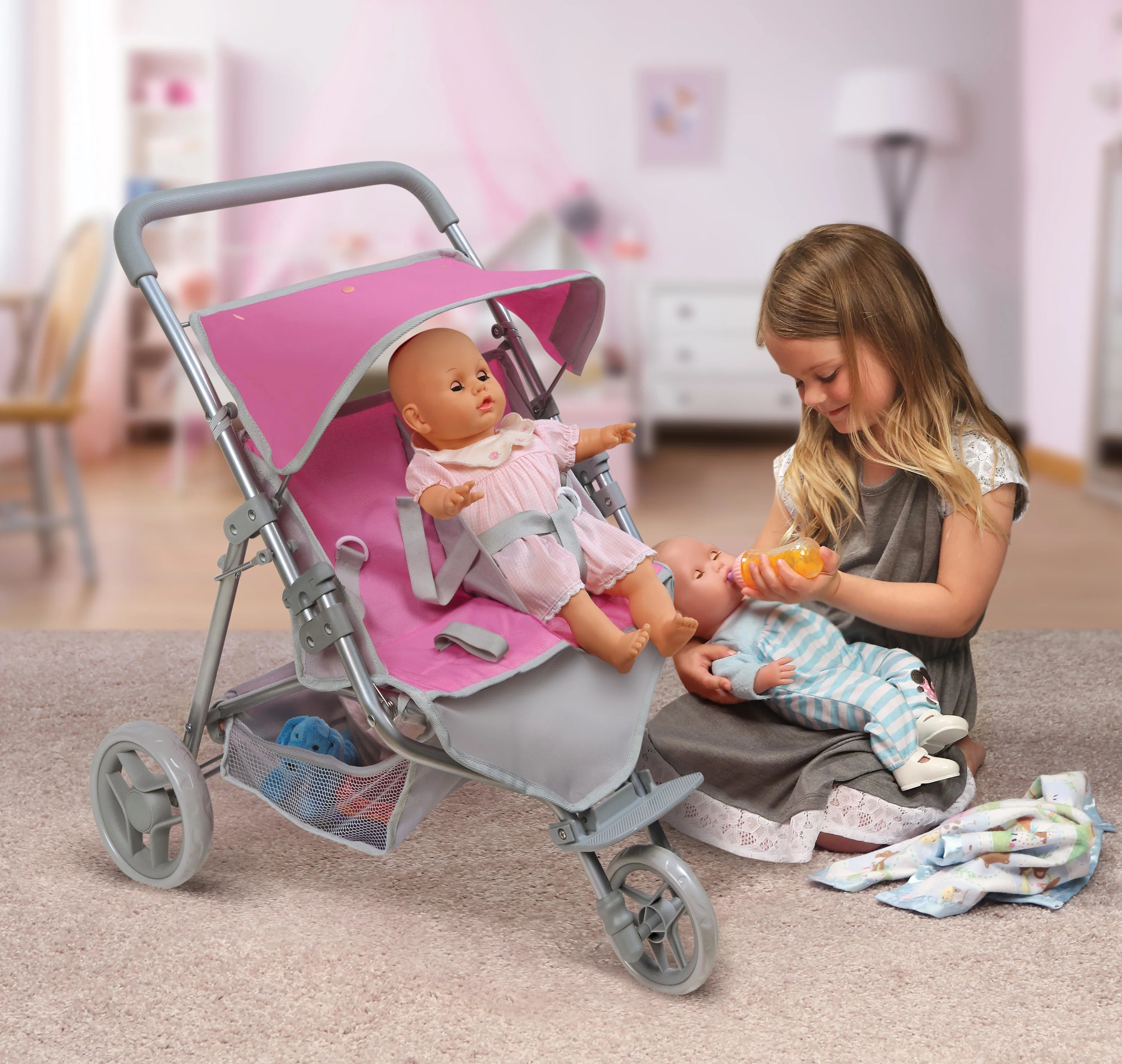 Badger Basket Trek 3-Wheel Folding Twin Doll Jogging  Stroller for 18 inch Dolls - Pink/Gray