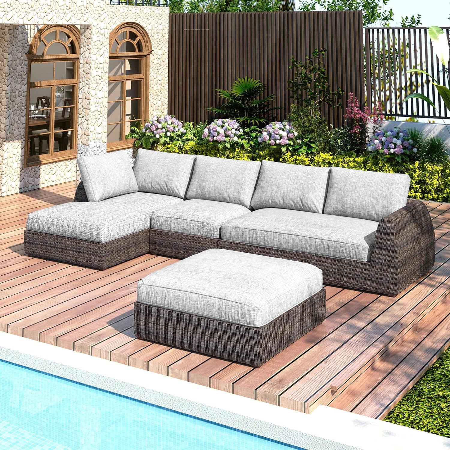 AECOJOY L-Shape Outdoor Patio Deep Seating Lounge Set with Sofa, 4-Piece Backyard Patio Furniture Set, Brown Rattan Conversation Sets,Light Grey