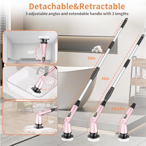 11 in 1 Electric Spin Scrubber Cordless Cleaning Brush 3 Adjustable Angles 2 Adjustable Speeds LED Display Shower Cleaner Brush Supplies Extension Long Handle for Bathroom Floor Tile Toilet Waterproof